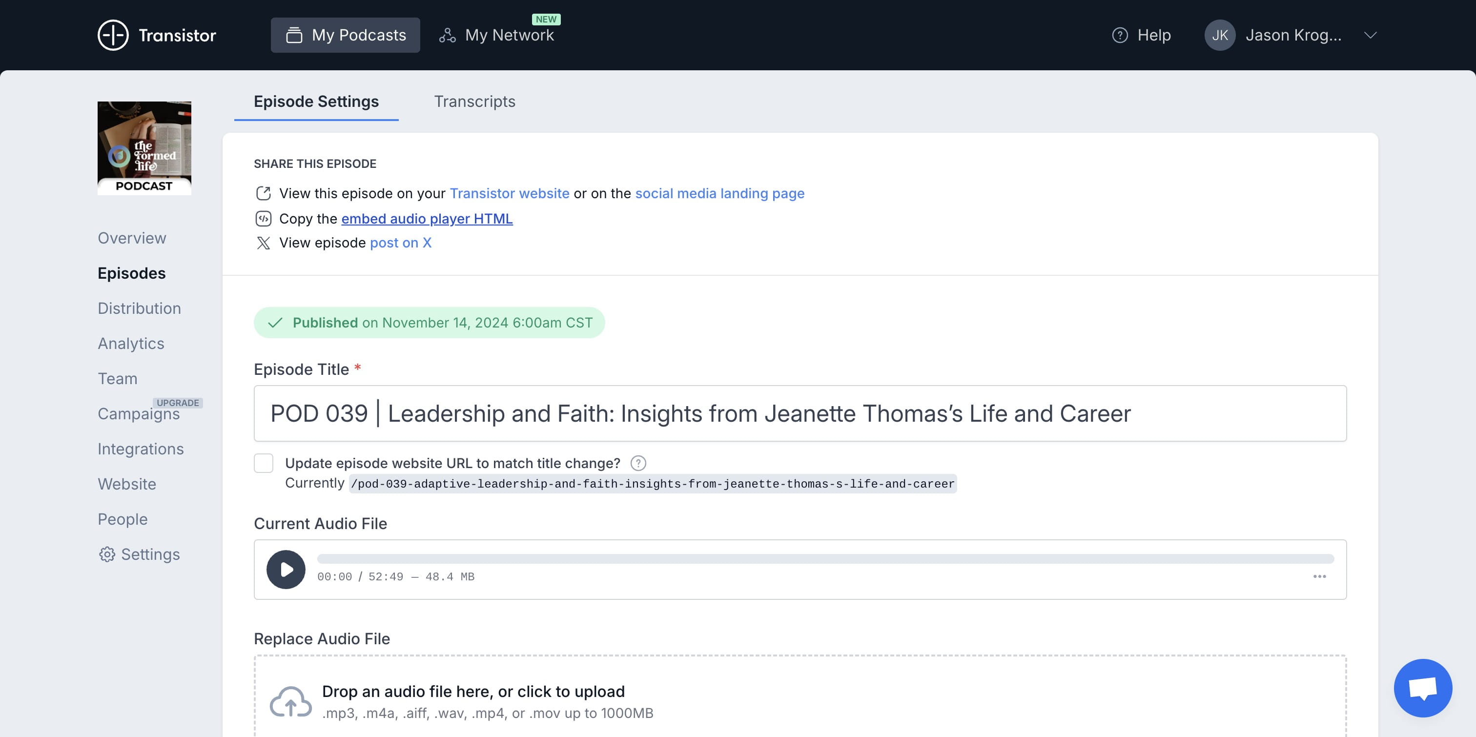 NAVIGATE to Transistor.fm. 
Use the "embed audio player HTML" code and COPY