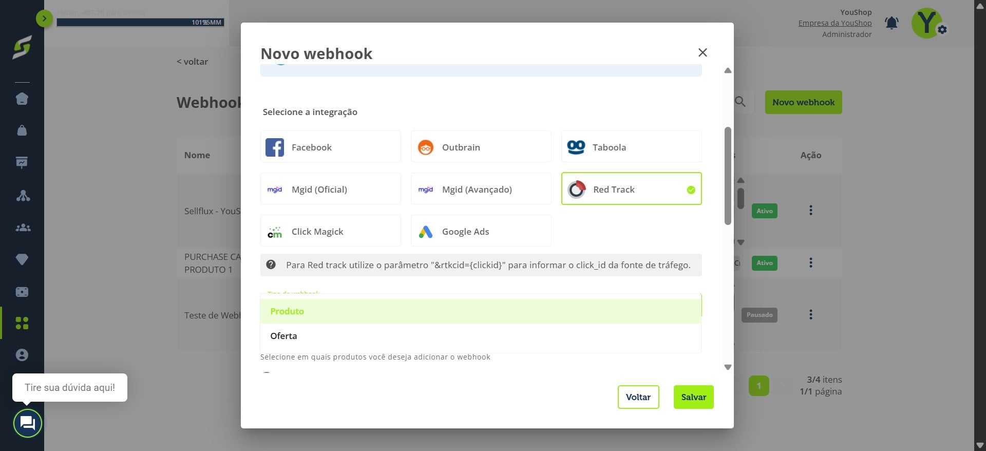 Em **tipo de webhook**, selecione se será para **produto** ou **oferta**.