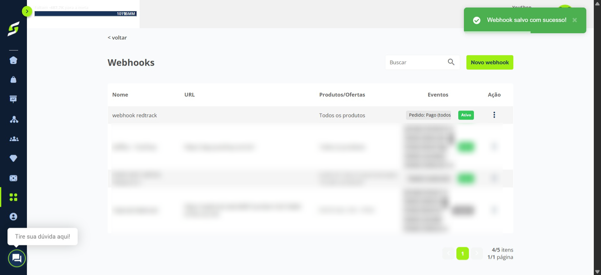 Pronto! Seu webhook com RedTrack foi criado com sucesso.