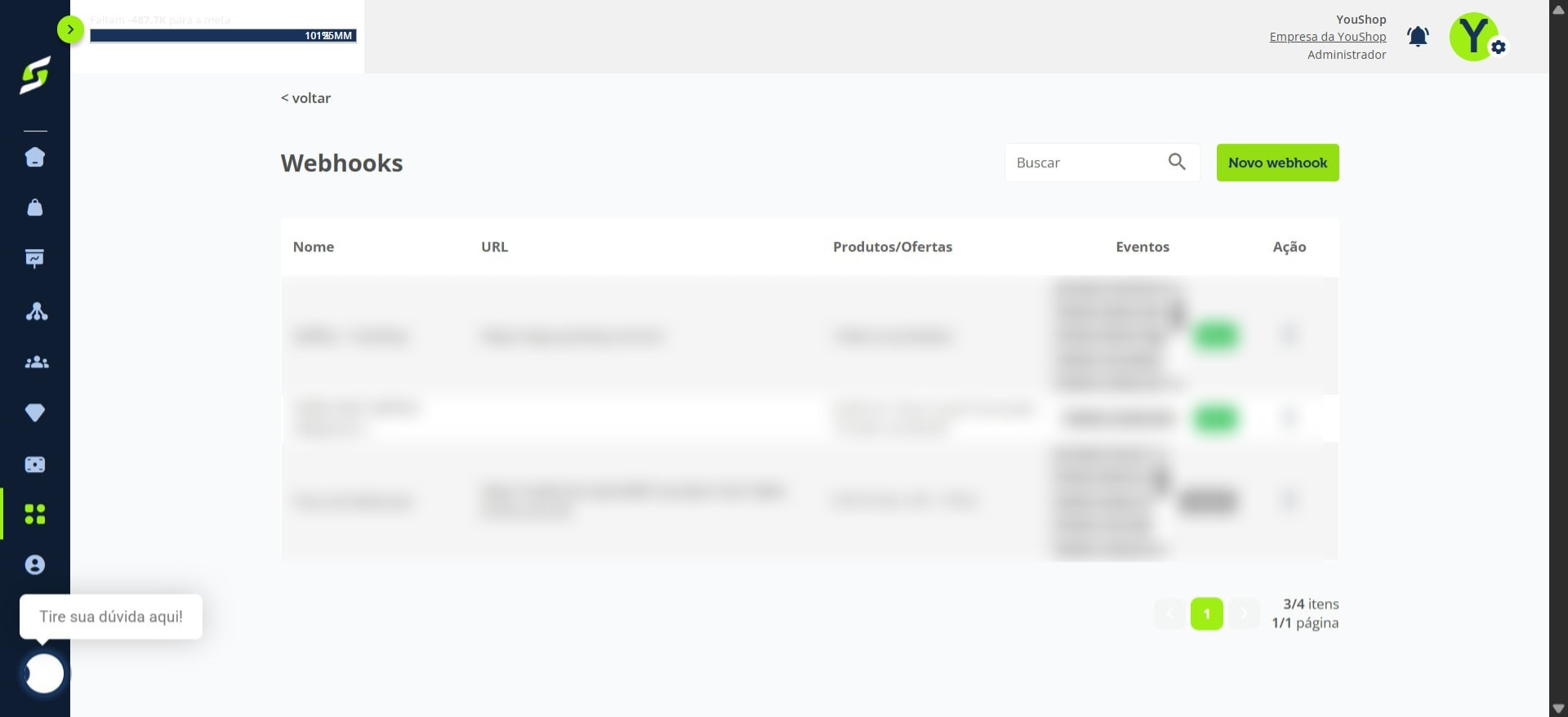 Em seguida, clique em **“Novo webhook”**.
