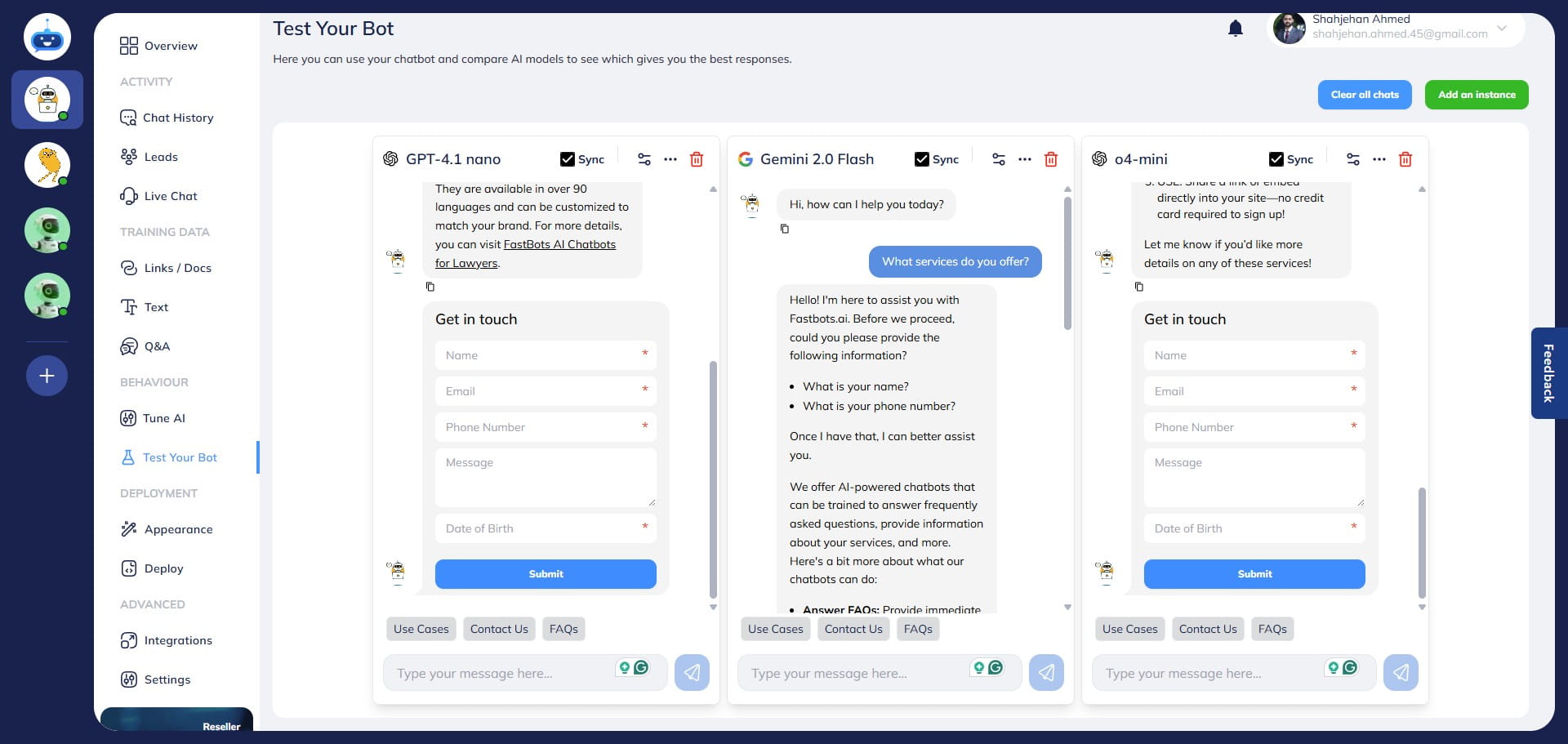 All chatbots will respond to the questions, and you can compare the performance/answer of each bot and decide which configuration is providing you best responses. 