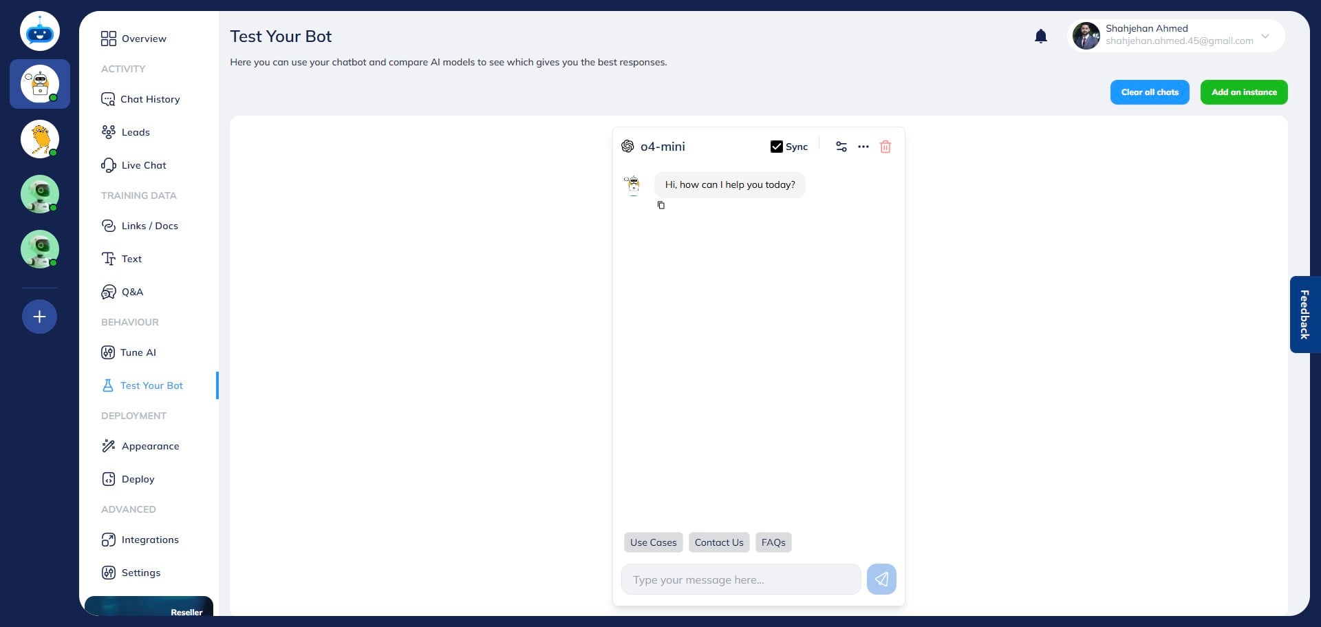 On this page, you can test your chatbot and compare the performance of different LLMs, temperature settings, AI Prompts, and choose the one that works best for you.