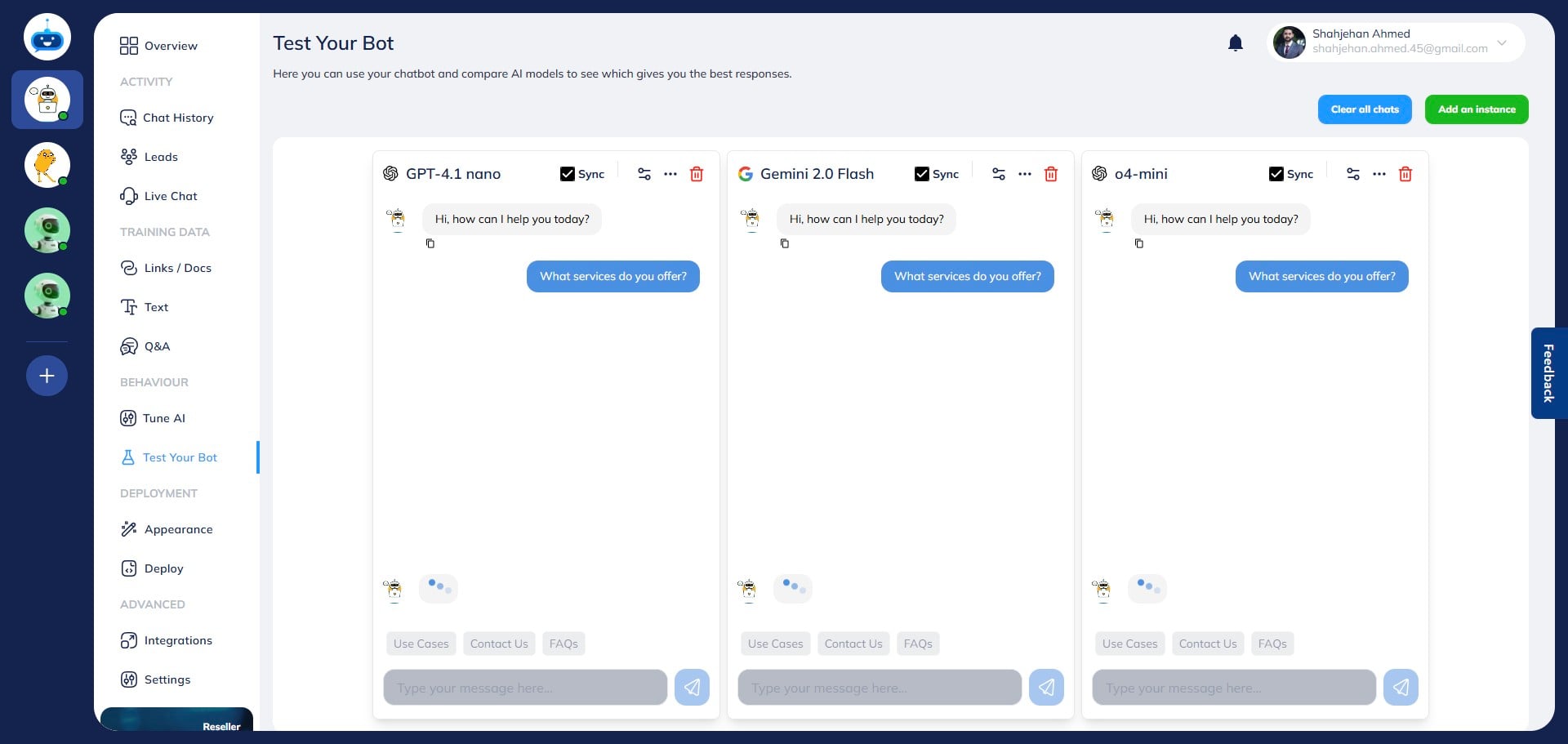Once all the parameters are set, ask a question to the chatbot. The question will be written and sent in all bots if you type in one, as long as these are synced.