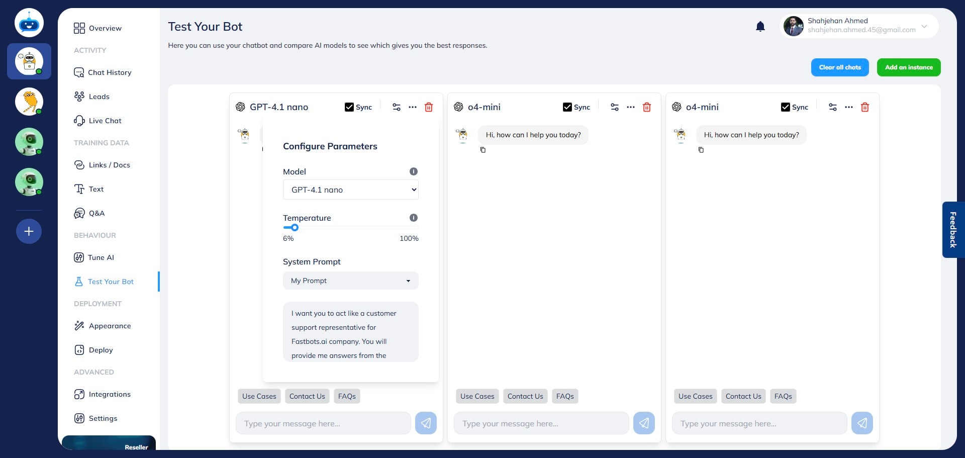 From the "System Prompt" option, you can select the AI prompt that you want to test for this chatbot window. Make sure to select the desired prompt for all windows before starting testing. 