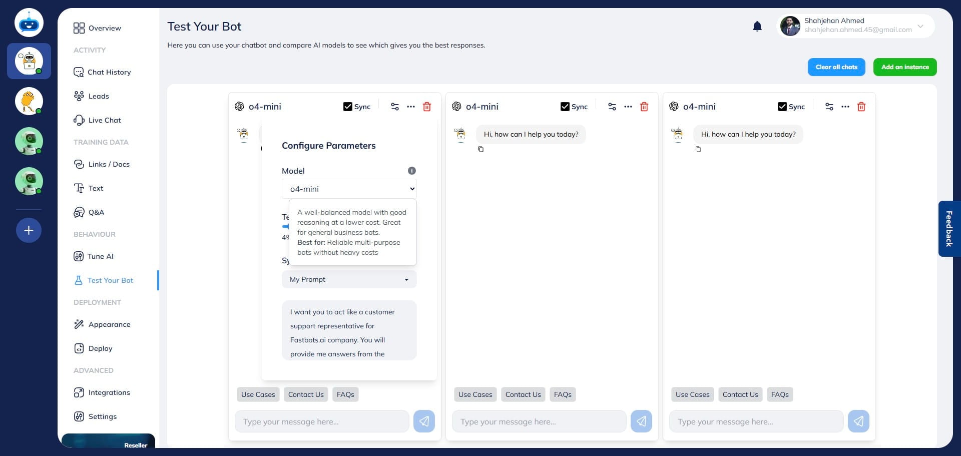 Once you click on the filters icon, it will show you a pop-up. You can choose the LLM that you want to test in this window by clicking the drop-down menu. Please select the LLM for each window for testing purposes. 