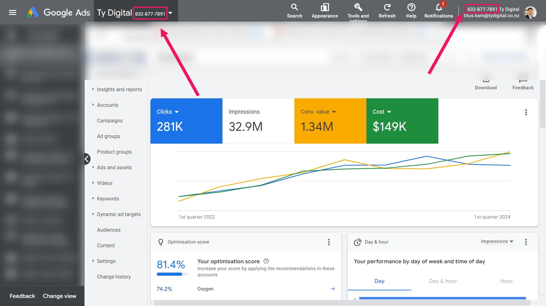Copy the 10 digit account number of your Google Ads account and email it to [titus.kam@tydigital.co.nz](url)