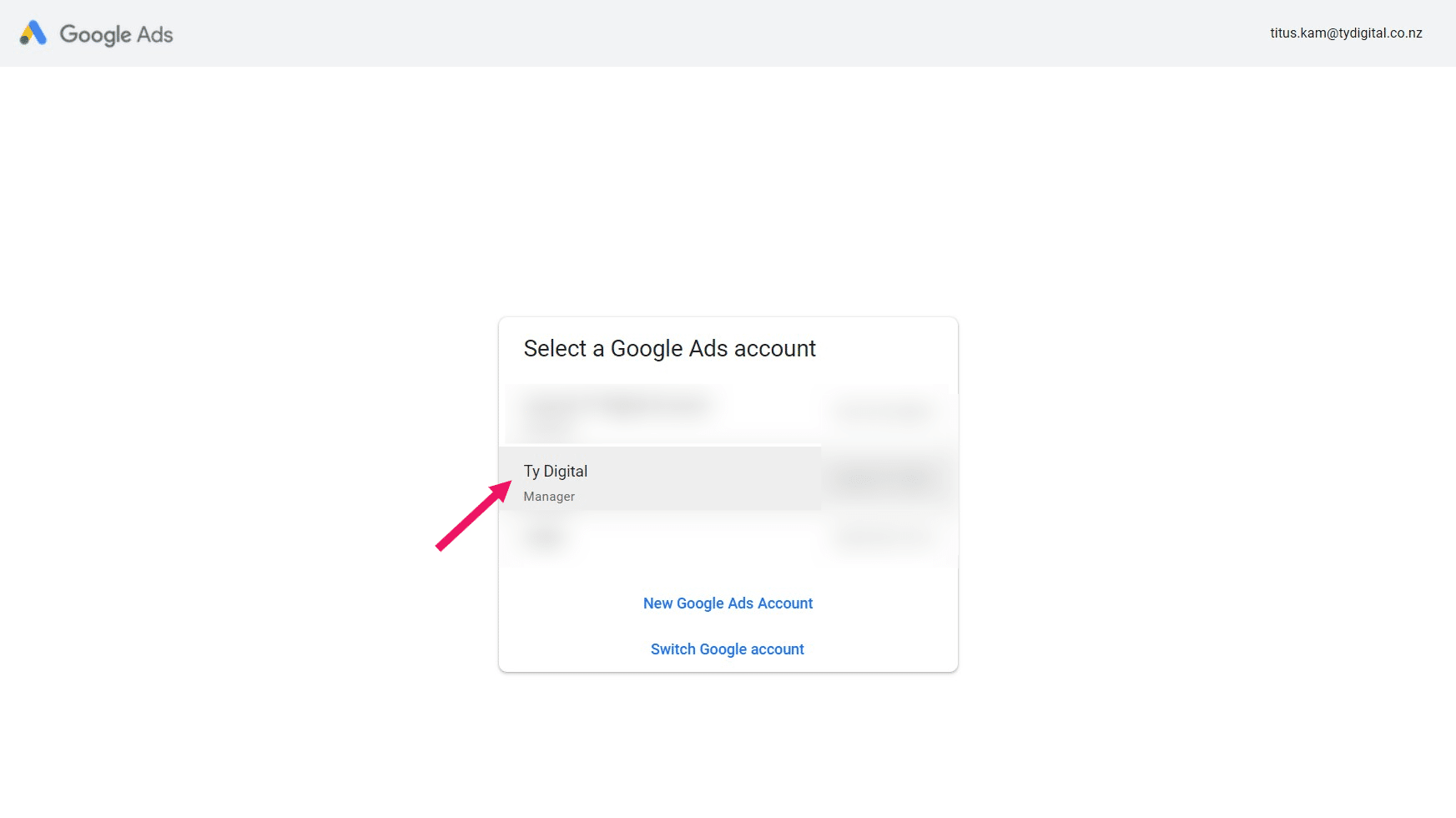 Click on your Google Ads account