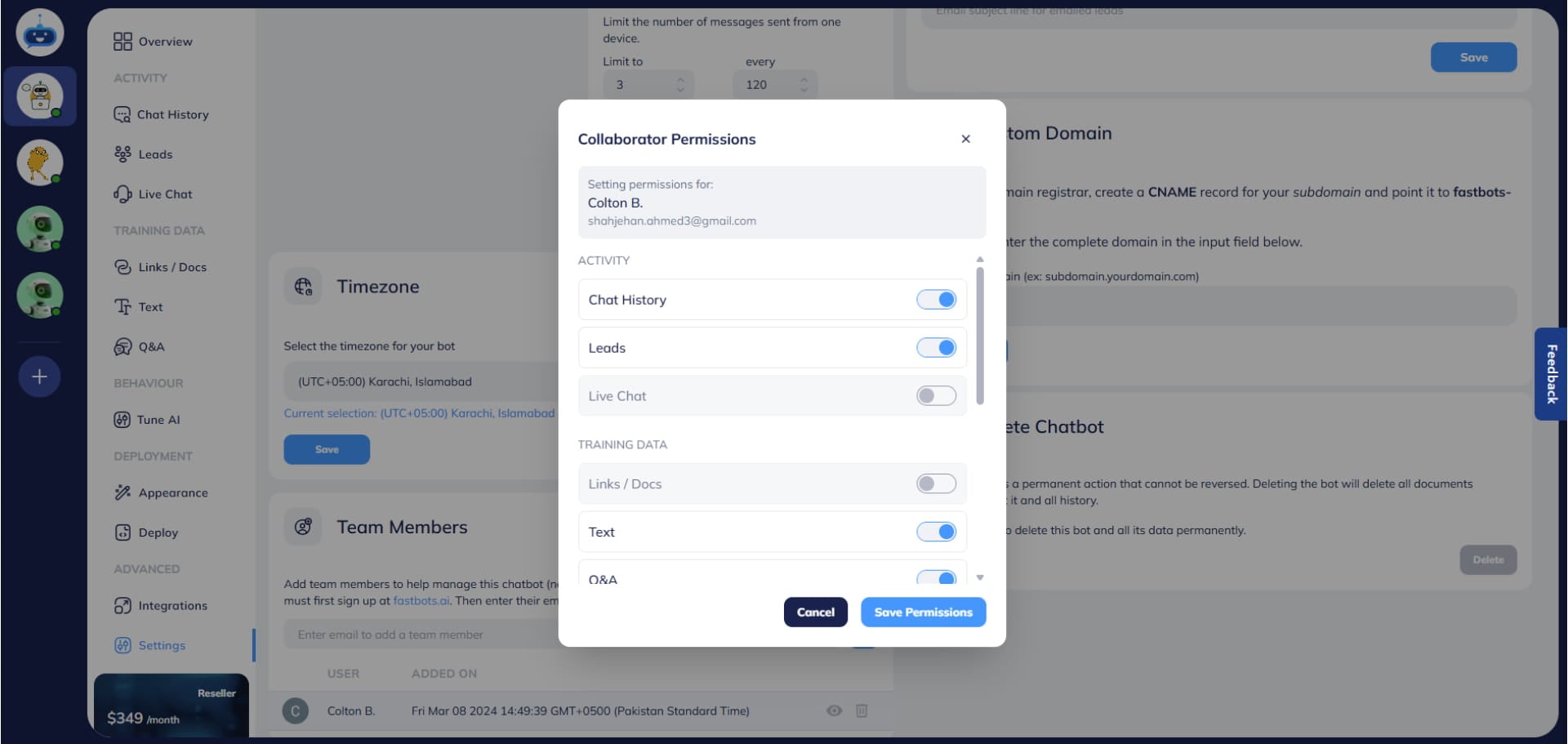 It will show you a list of all pages in the chatbot dashboard and you can choose which pages you want them to have access to. If you do not want the user to access certain pages, just turn off the toggle button, and for the remaining pages, keep it on.