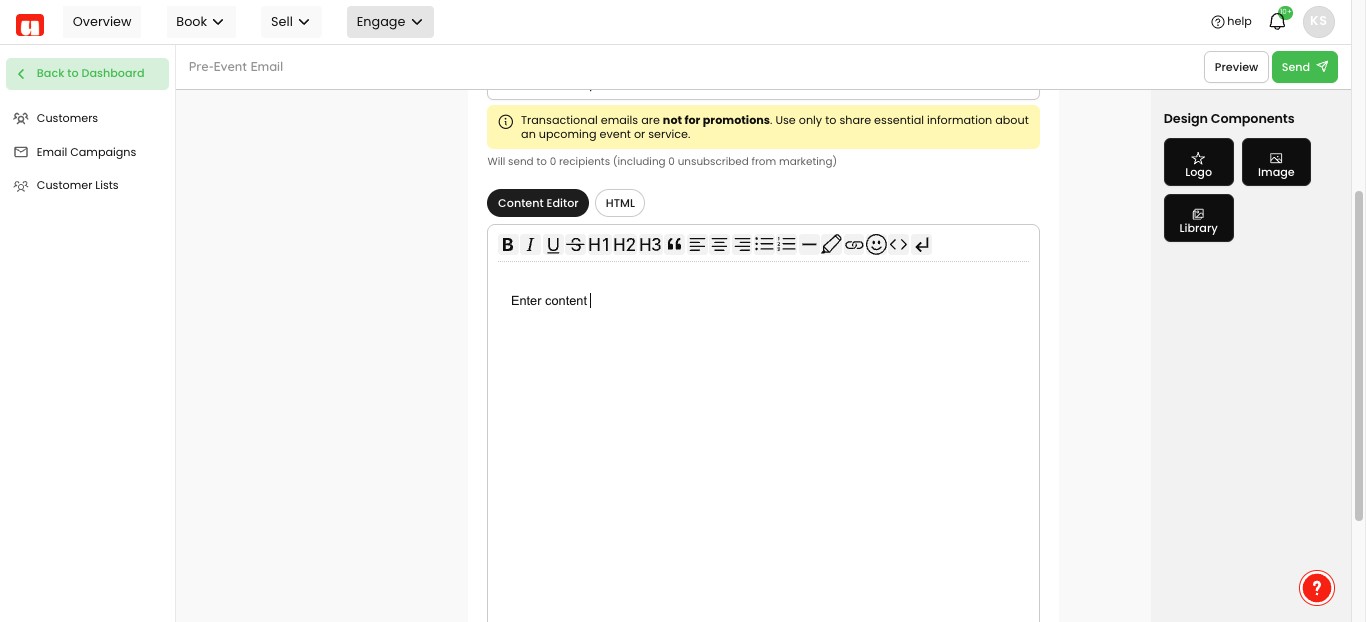 Use the content editor to build your message with the visual editor.