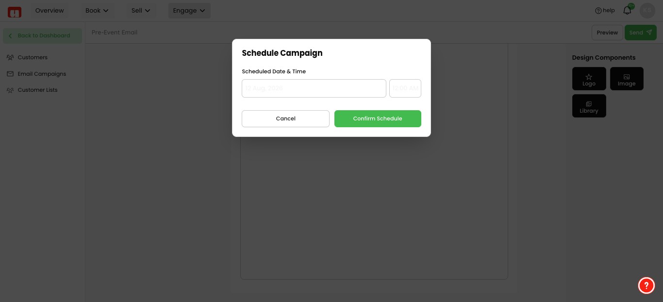 Set the **Scheduled Date & Time** field in the **Schedule Campaign** window. Select your sending time, confirm scheduel and you are done.