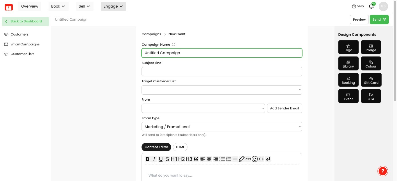 Go through the windows and drop downs to create and configure you message. Select the Target Customer List (Usefull segments based on actions and transactions), choose your from email and change the Email Type to **Transactional  or 'Marketing'** for general business or marketing emails.**