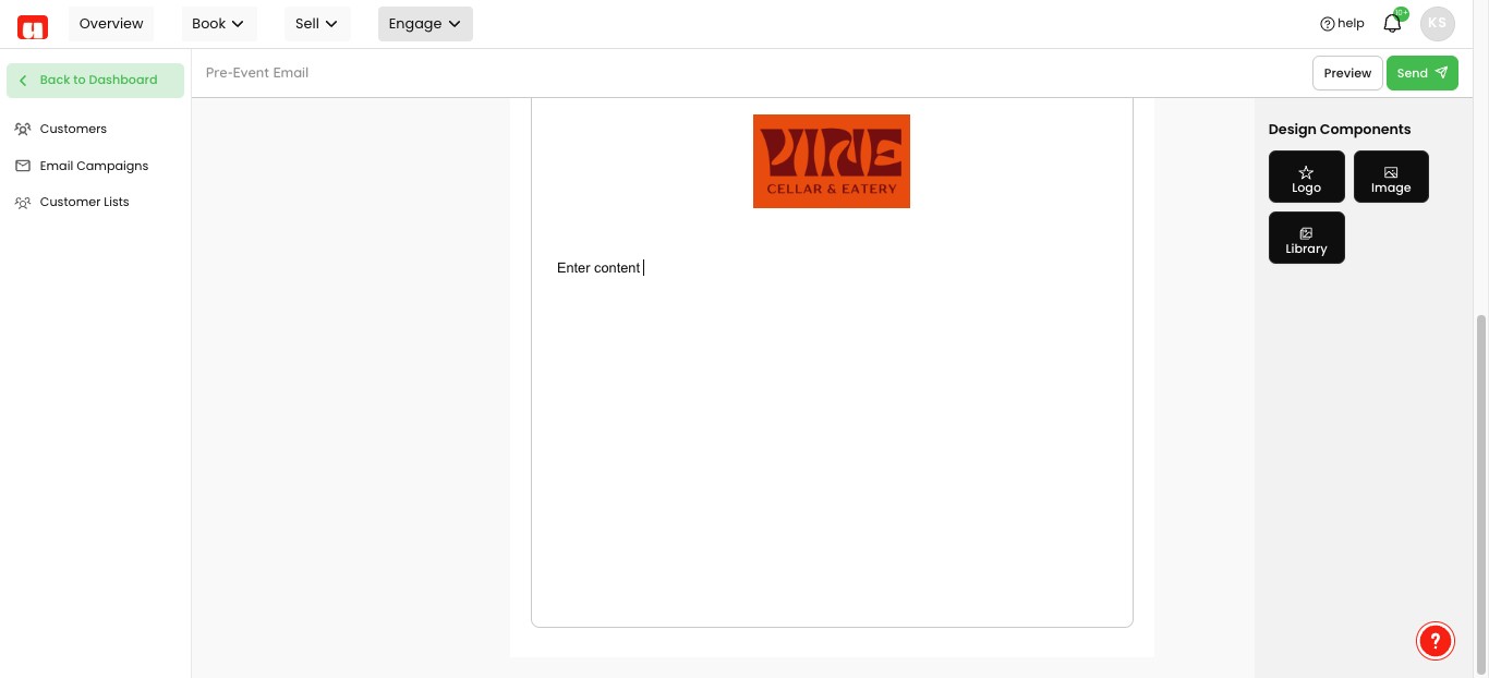 Click in the email body beneath the inserted logo and enter your email content - use the logo, image and library buttons on the right habd side to access or add any images.