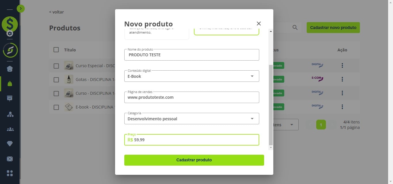 Preencha os dados iniciais do produto, selecione E-book como tipo de conteúdo digital e clique em Cadastrar novo produto.