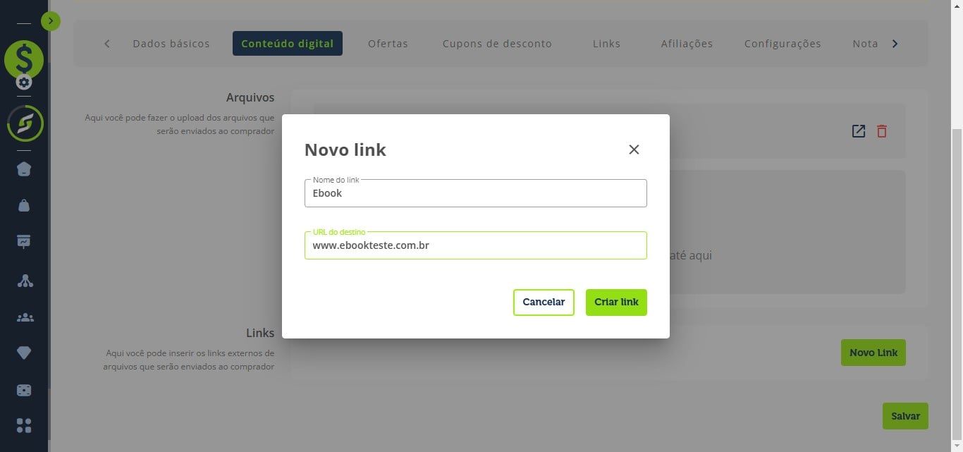 Informe o nome do link e a URL de destino, e clique em Criar link.