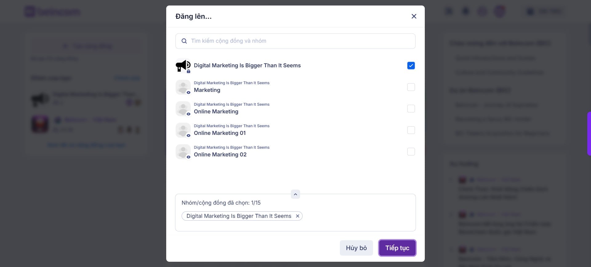 Chọn **Cộng đồng/nhóm** mà bạn muốn đăng bài viết và chọn **Tiếp tục**.