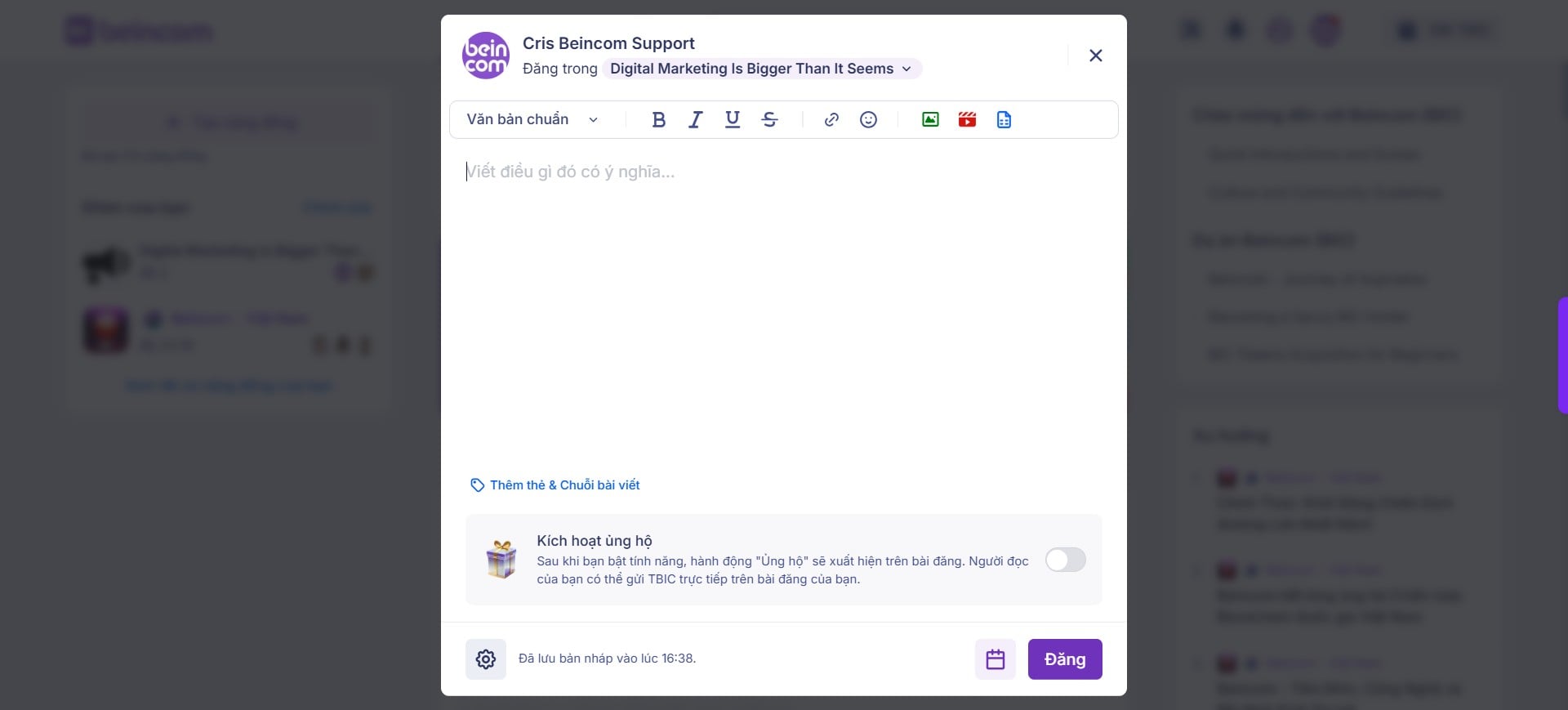 Nhập nội dung cho bài viết. Bạn có thể tùy chỉnh nội dung theo nhiều định dạng khác nhau (chèn thêm ảnh/video, gắn tags/series ....) với các tùy chọn có sẵn.
Sau đó chọn **Đăng** để đăng bài viết.