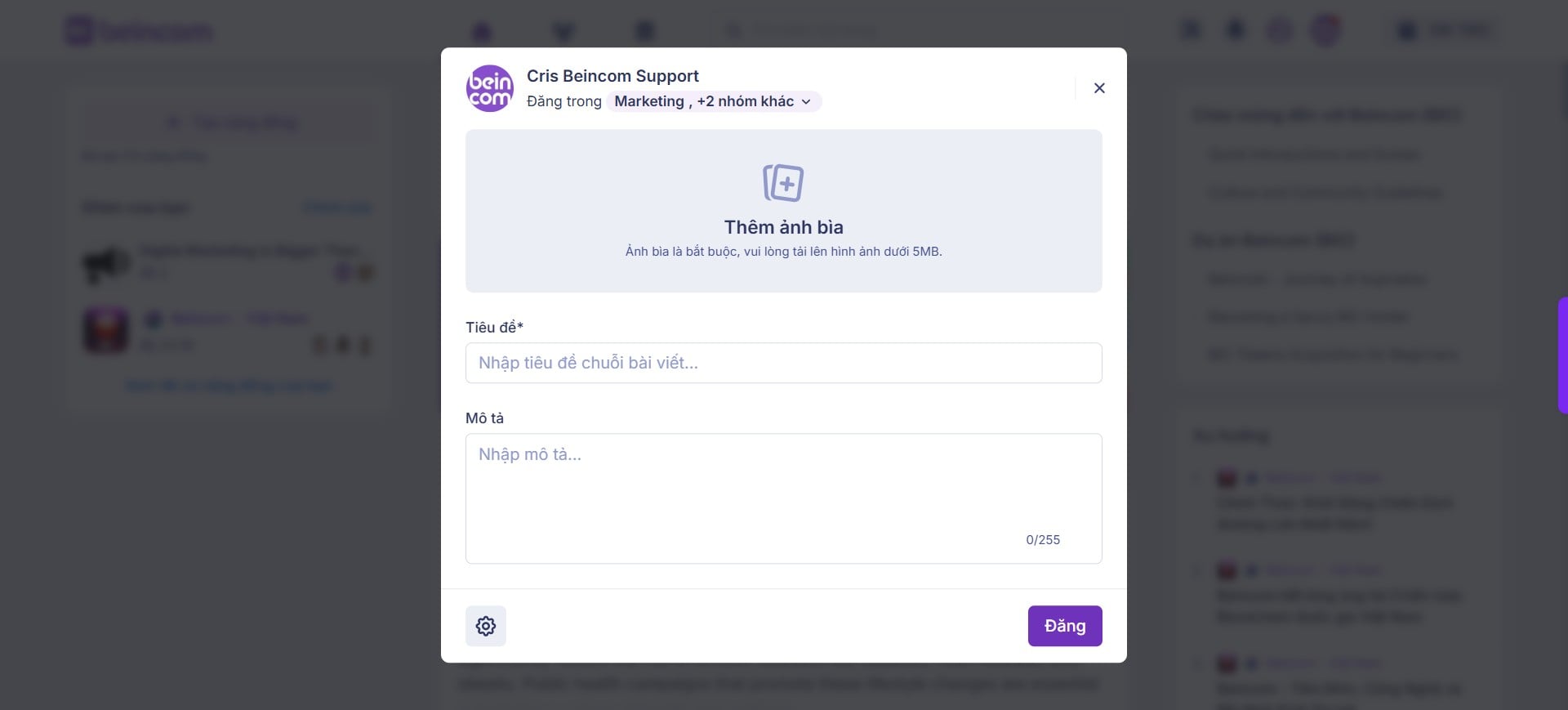 Để đăng **Chuỗi bài viết**, bạn cần nhập **tối thiểu 2 thông tin**: **Ảnh bìa, Tiêu đề**. Sau khi hoàn thành, hãy nhấn **Đăng** để đăng bài.