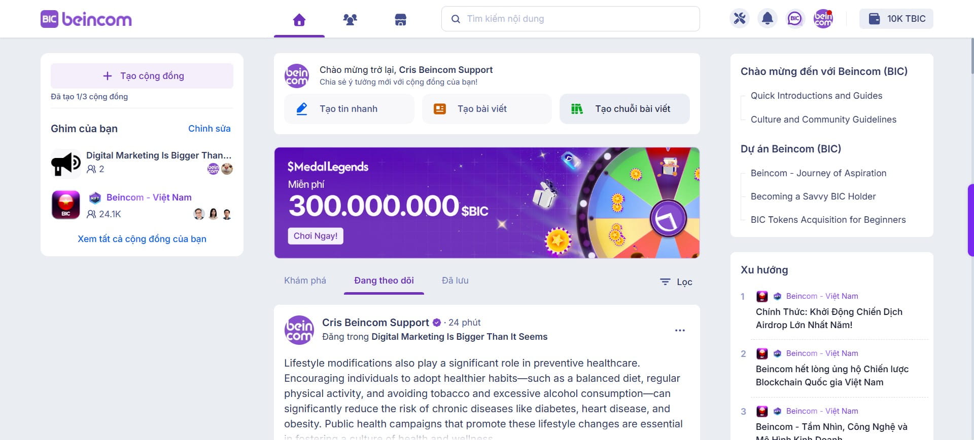 **Chuỗi bài viết (Loạt Bài)**: bao gồm nhiều **Bài đăng** hoặc **Bài viết** được tập hợp lại theo thứ tự để chúng ta biết trình tự đọc sao cho hợp lý. Ngoài ra mỗi chuỗi bài viết cũng có liên kết (link) riêng để các bạn vào trang chi tiết của chuỗi bài viết đó.
Tại giao diện bản tin BIC Group, chọn **Tạo chuỗi bài viết**.