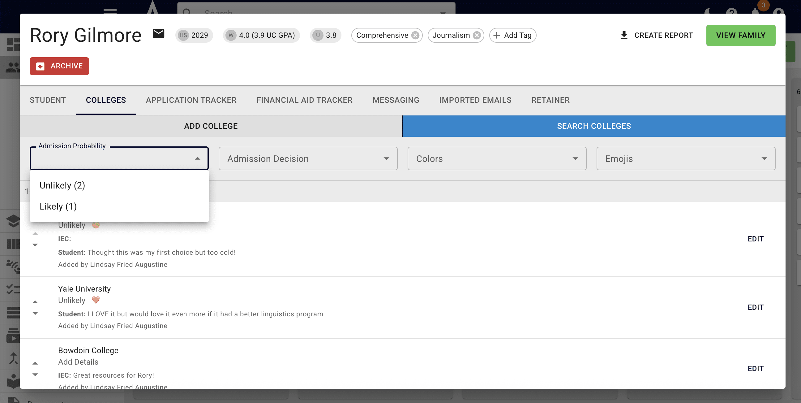 At the top, you'll see multiple fields that you can filter the list by (**Admission Probability, Admission Decision, Colors,** and **Emojis)**. 
