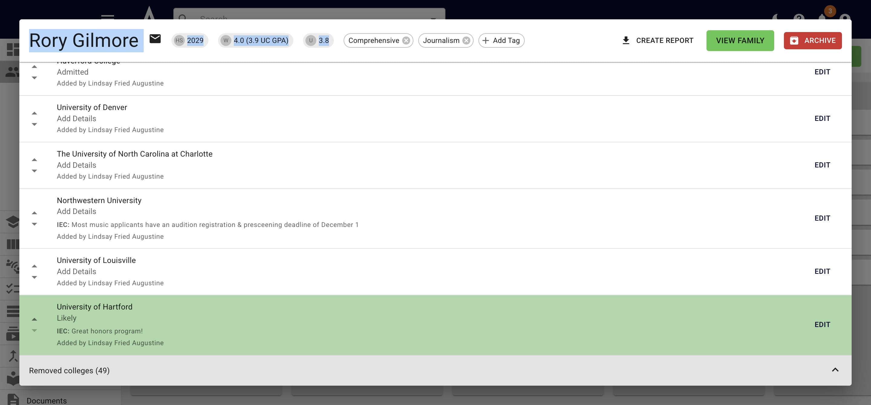 At the bottom of the current college list, you'll see the number of colleges that have been removed by you or the student. Press **Removed Colleges** to view which colleges have been removed. 