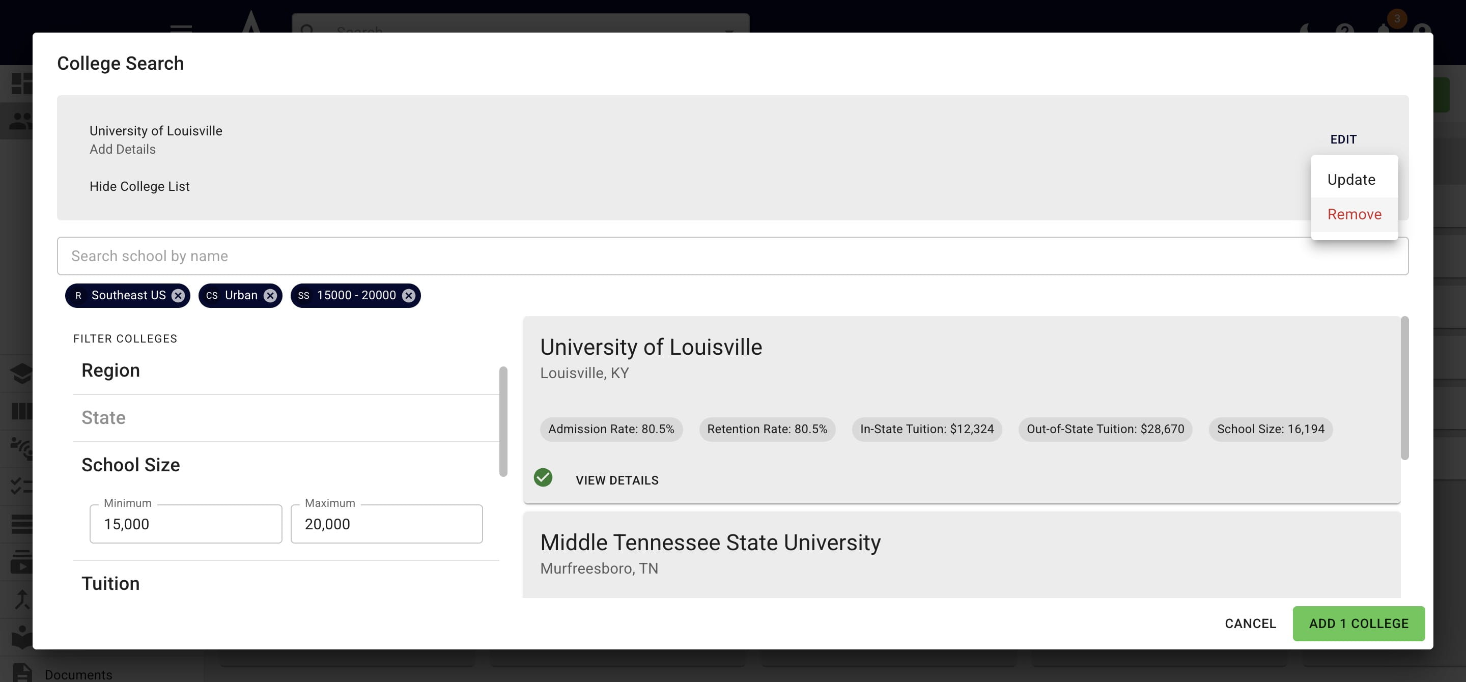 Click on **Remove** to remove a college from the group. 