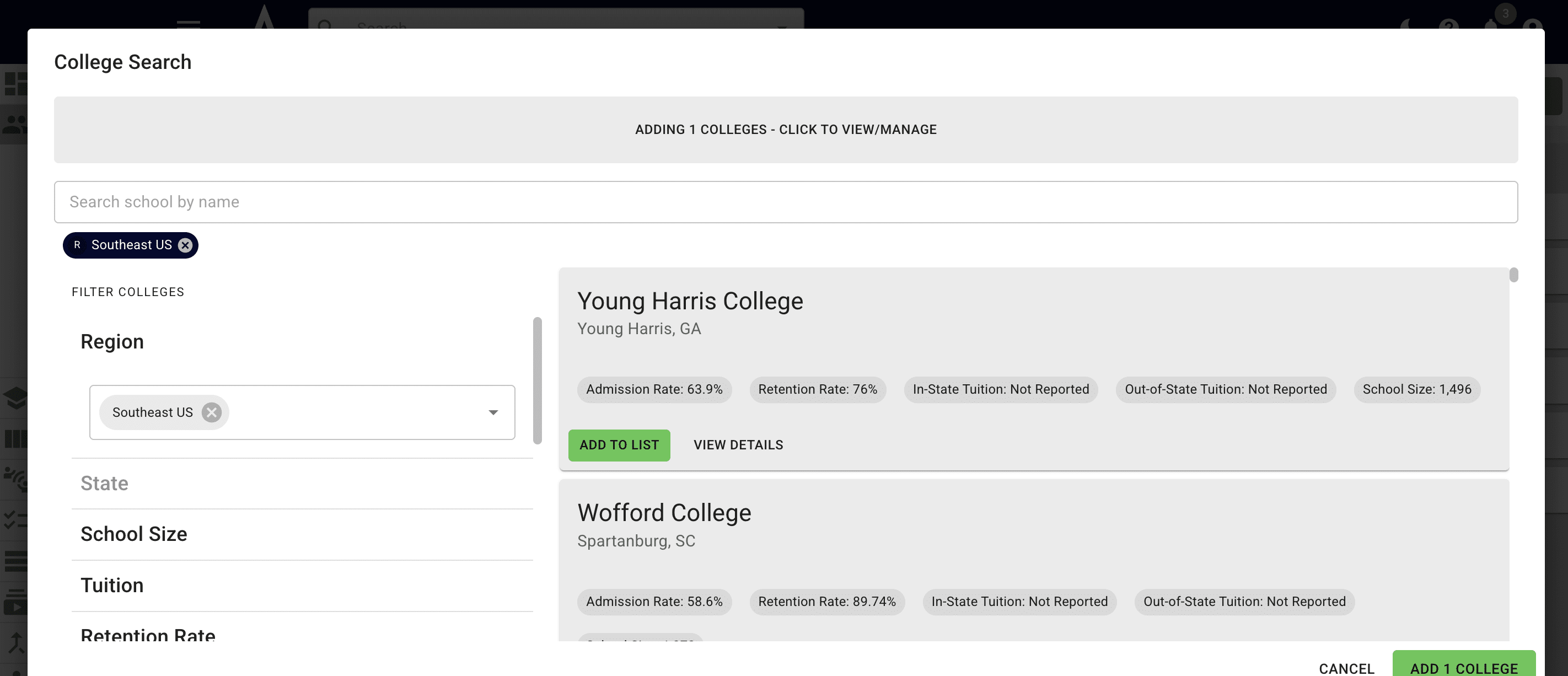 Press **Click to View/Manage** to see and/or edit the list of colleges currently being queued to add to the student's college list.