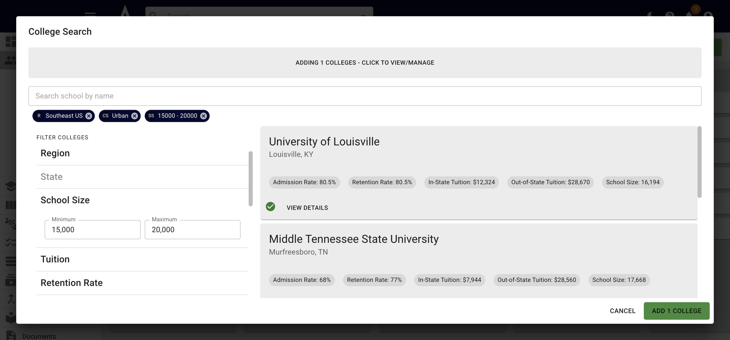When you're ready to add colleges from the search to a student's list, press the **Add** button.