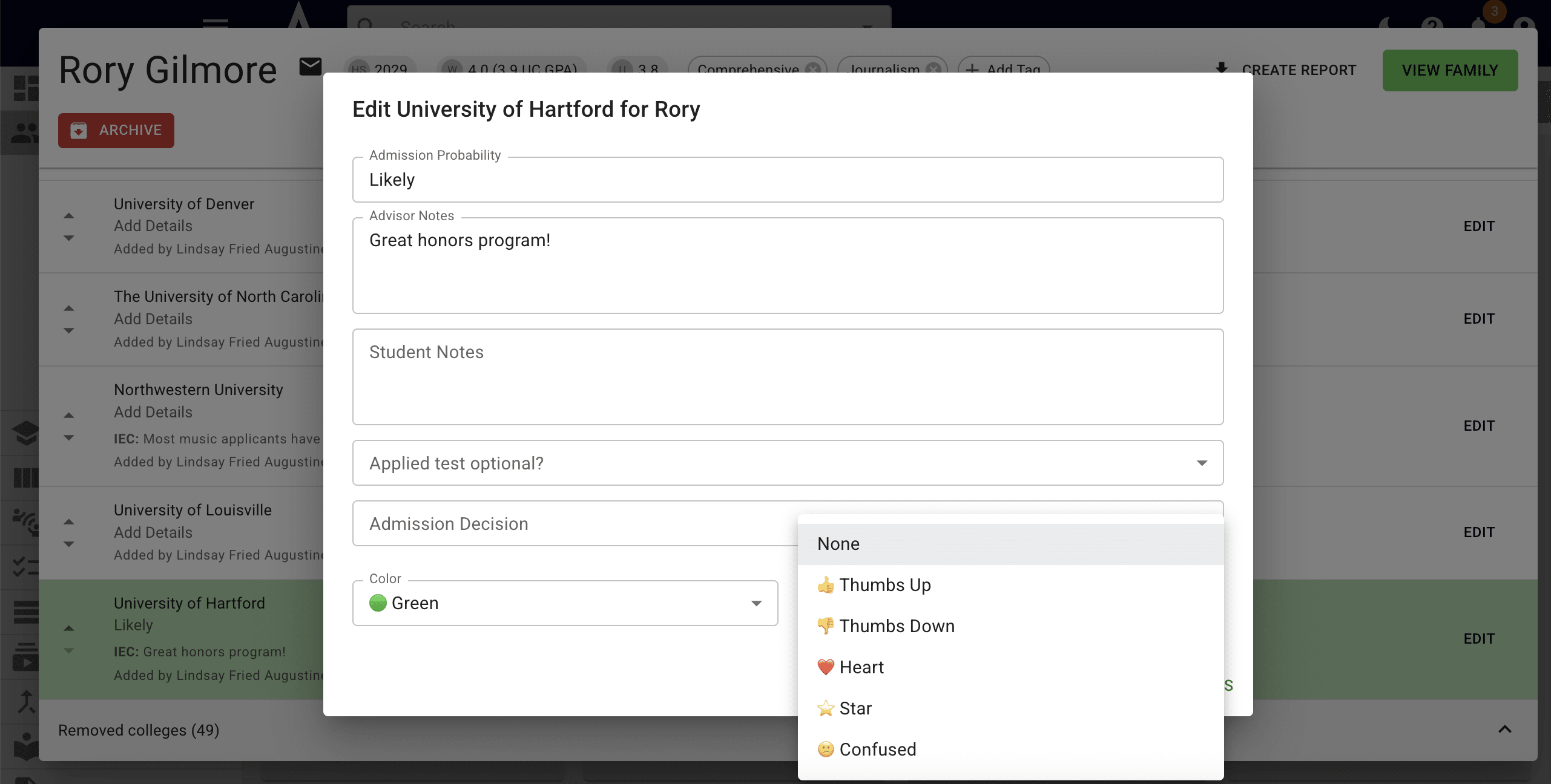 You also have the option to assign **emojis.** This is also based on preference and it could be something that you ask students to assign as part of their research (i.e. "Assign a thumbs up to any school you like and a confused face to any 'maybe' schools"). 