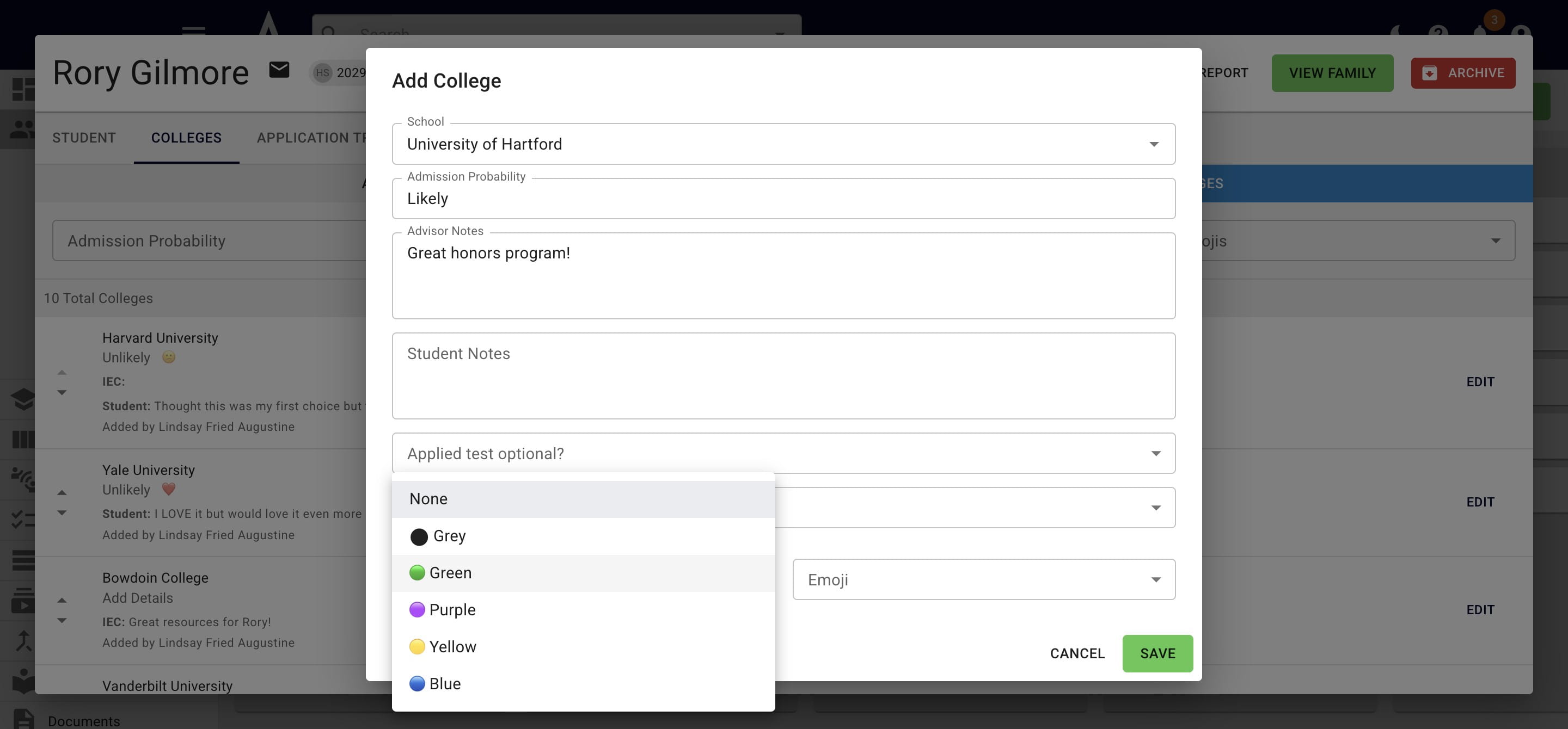 You also have the option to assign a **color.** Some users like to assign the color based on admission probability (i.e. Likely School = Green) or to group colleges together (i.e. "Research all the purple schools"). It's totally up to you!