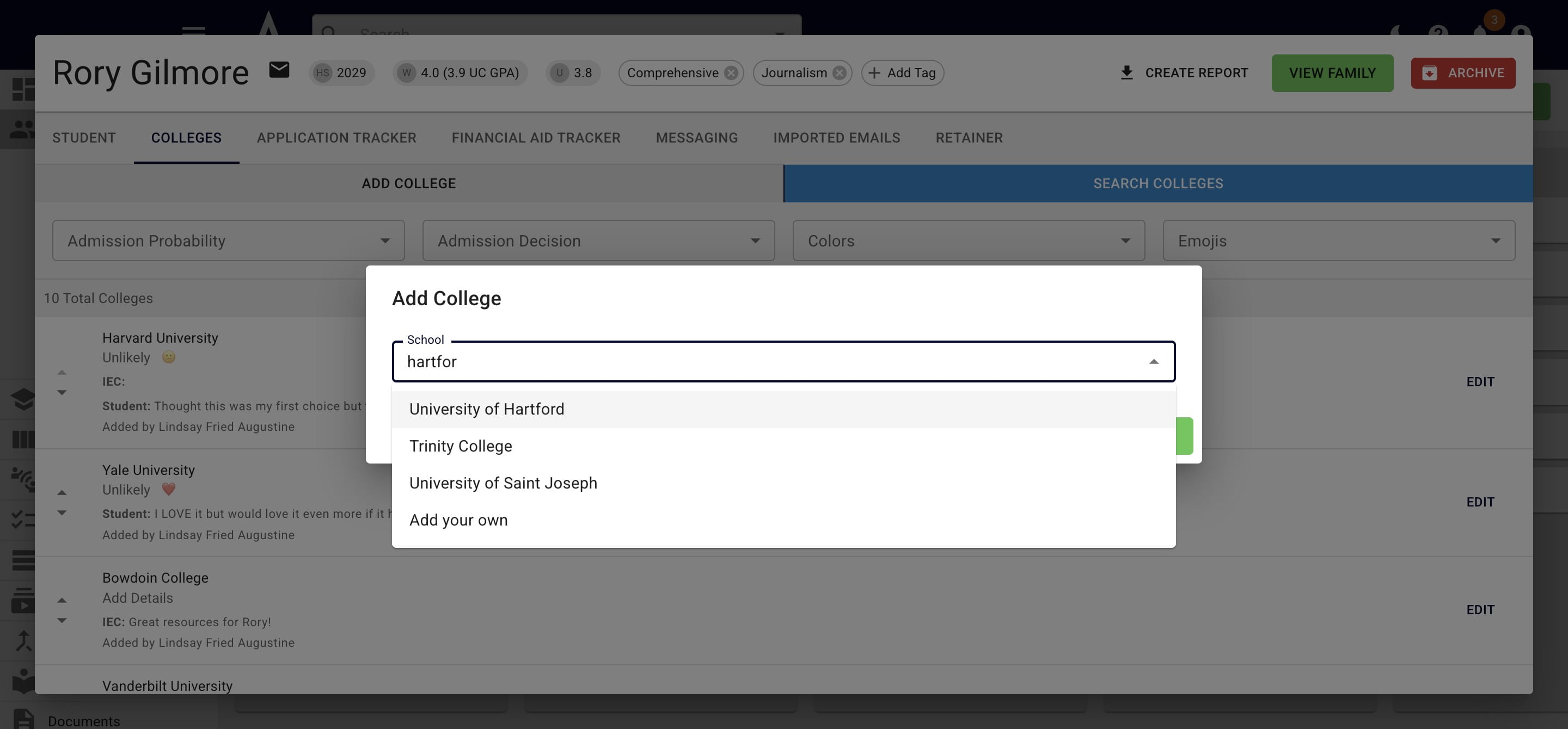 When the pop up appears, start typing in the college's name (0r abbreviation - for example, UGA for University of Georgia). Then click on the college once it appears. 
