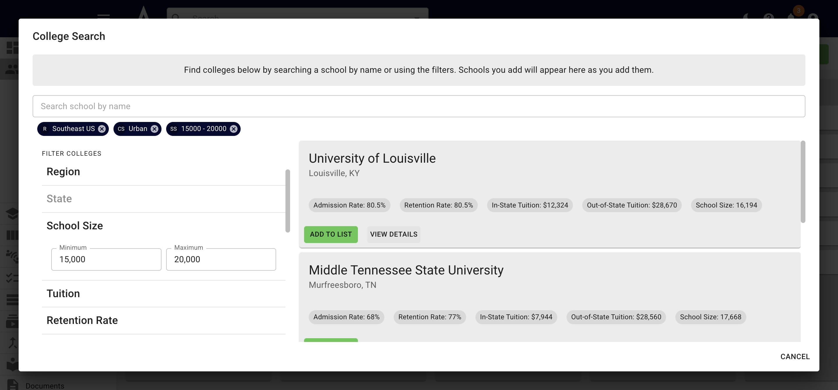 If you click on **View Details** the college's full profile will appear. 
