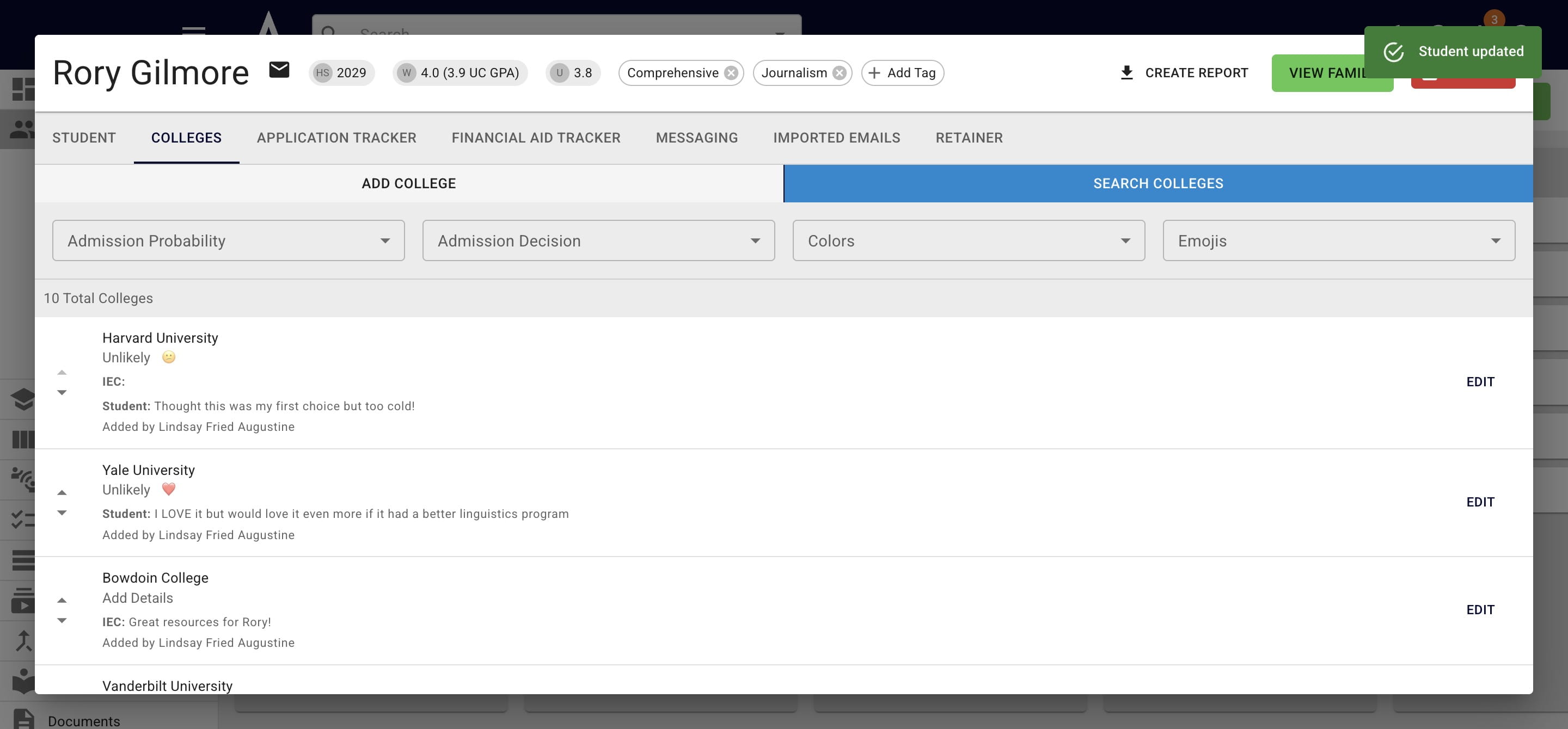 You can also press the **Add College** button to add 1 college at a time to a student's list. 