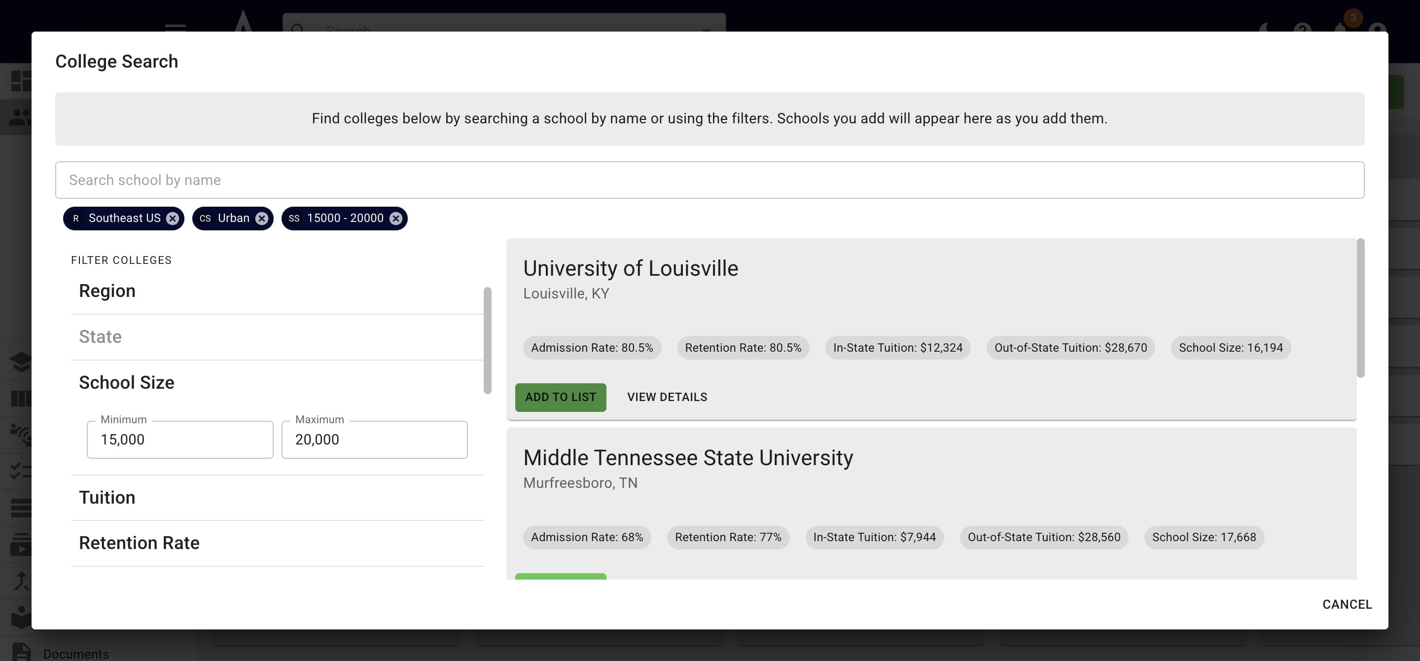 Click on **Add to List** to add it to the list of colleges that you feel would be a good fit for the student. 