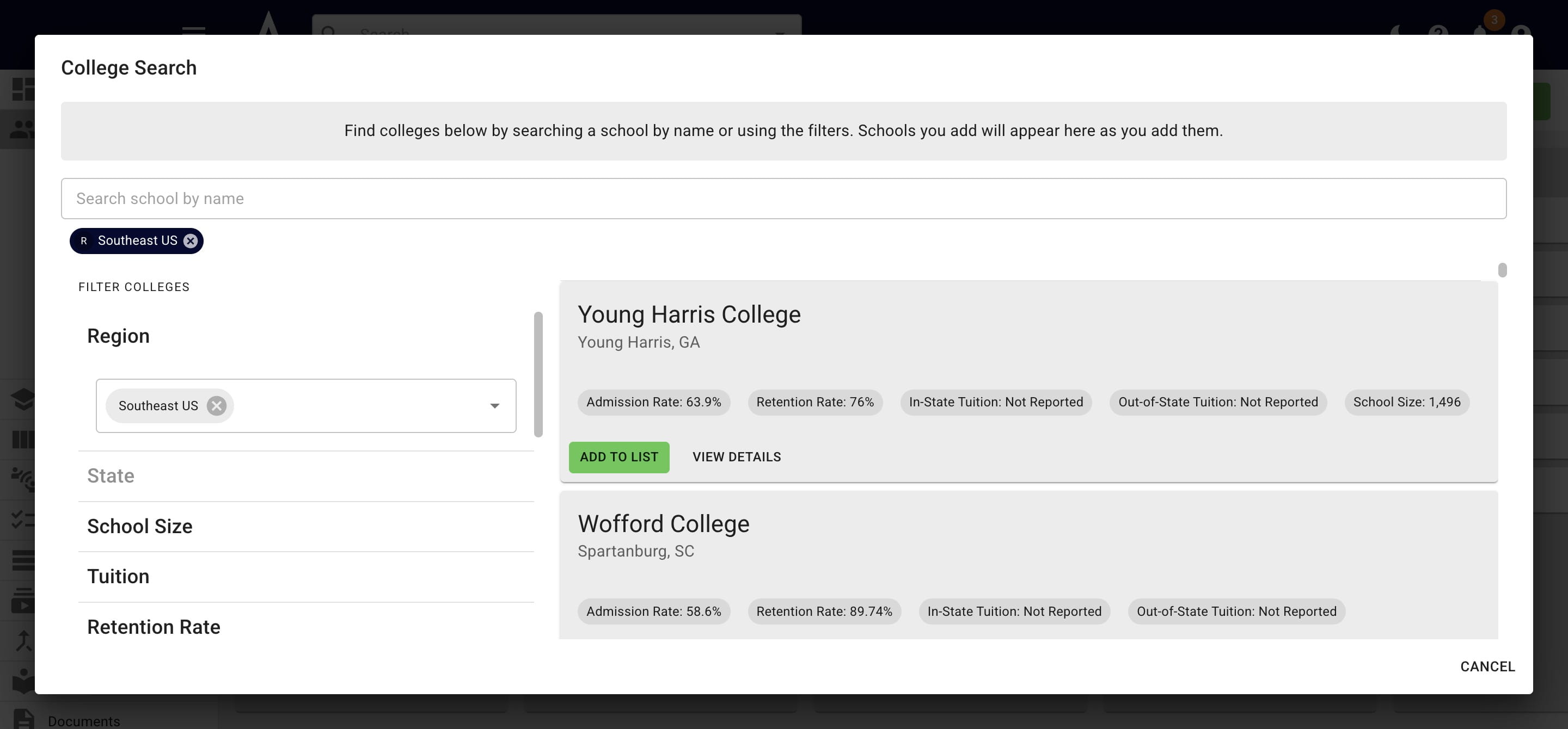 As you put in different parameters, you'll see applicable colleges begin showing up on the right-hand side. 