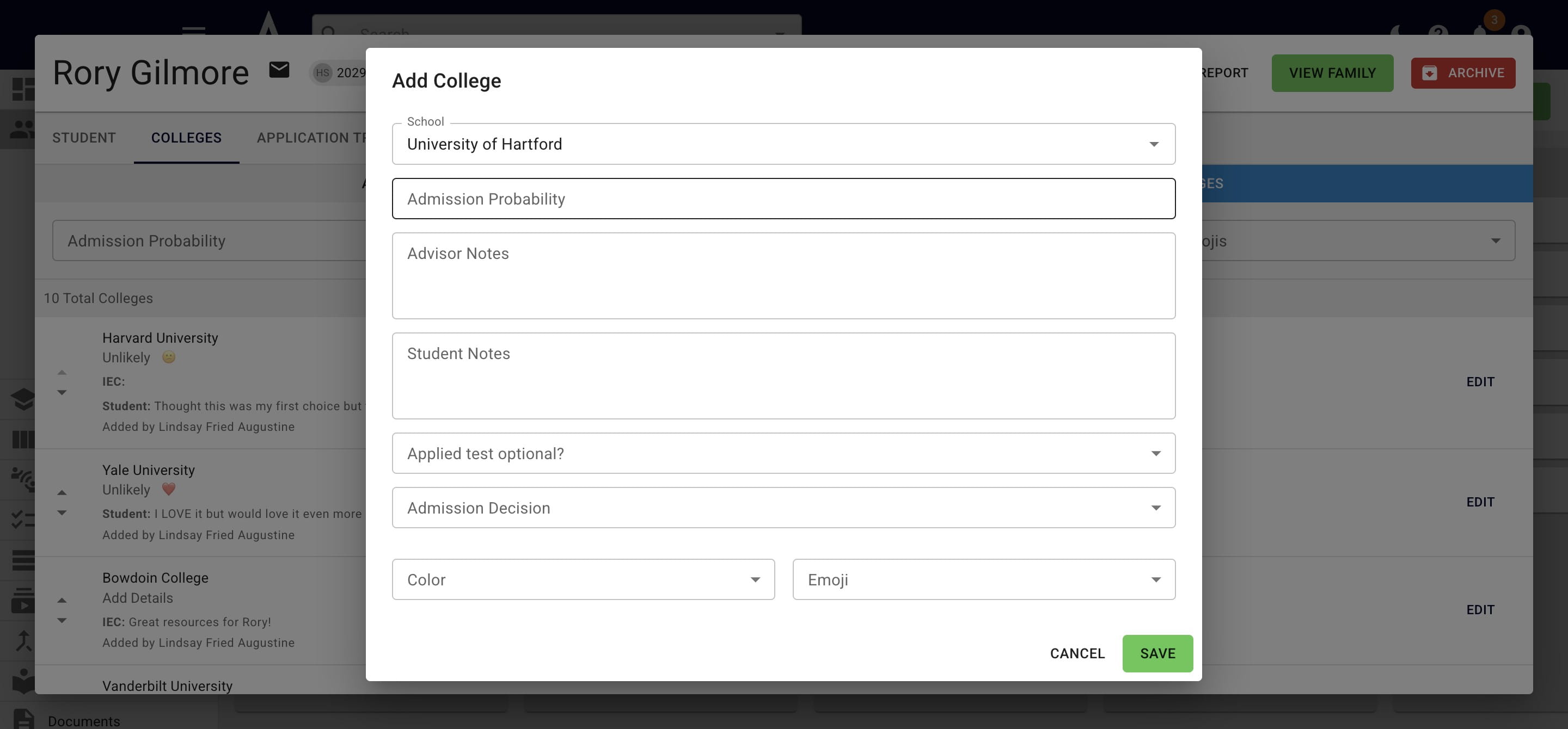 New fields will pop up, including **Admission Probability.** This is an open text field; however, your previous entries will appear based on your browser's auto-fill settings. 