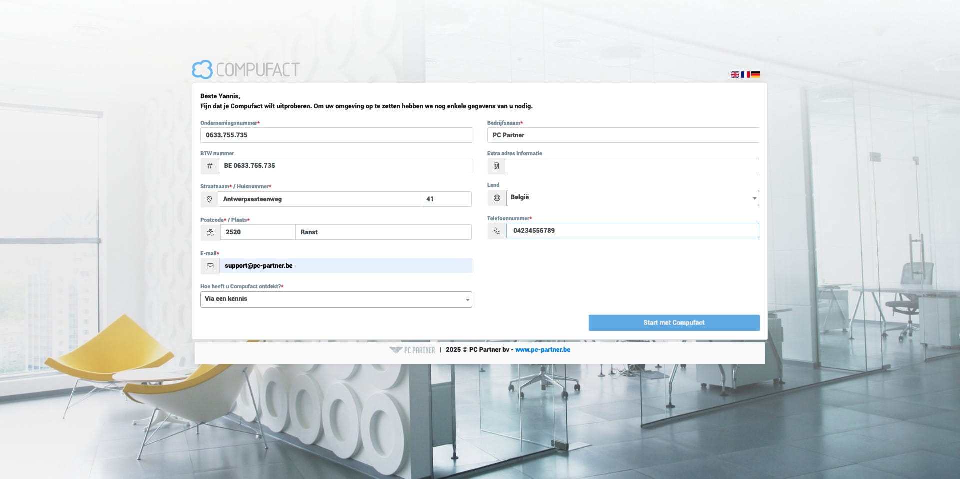 Klik op "Start met Compufact"