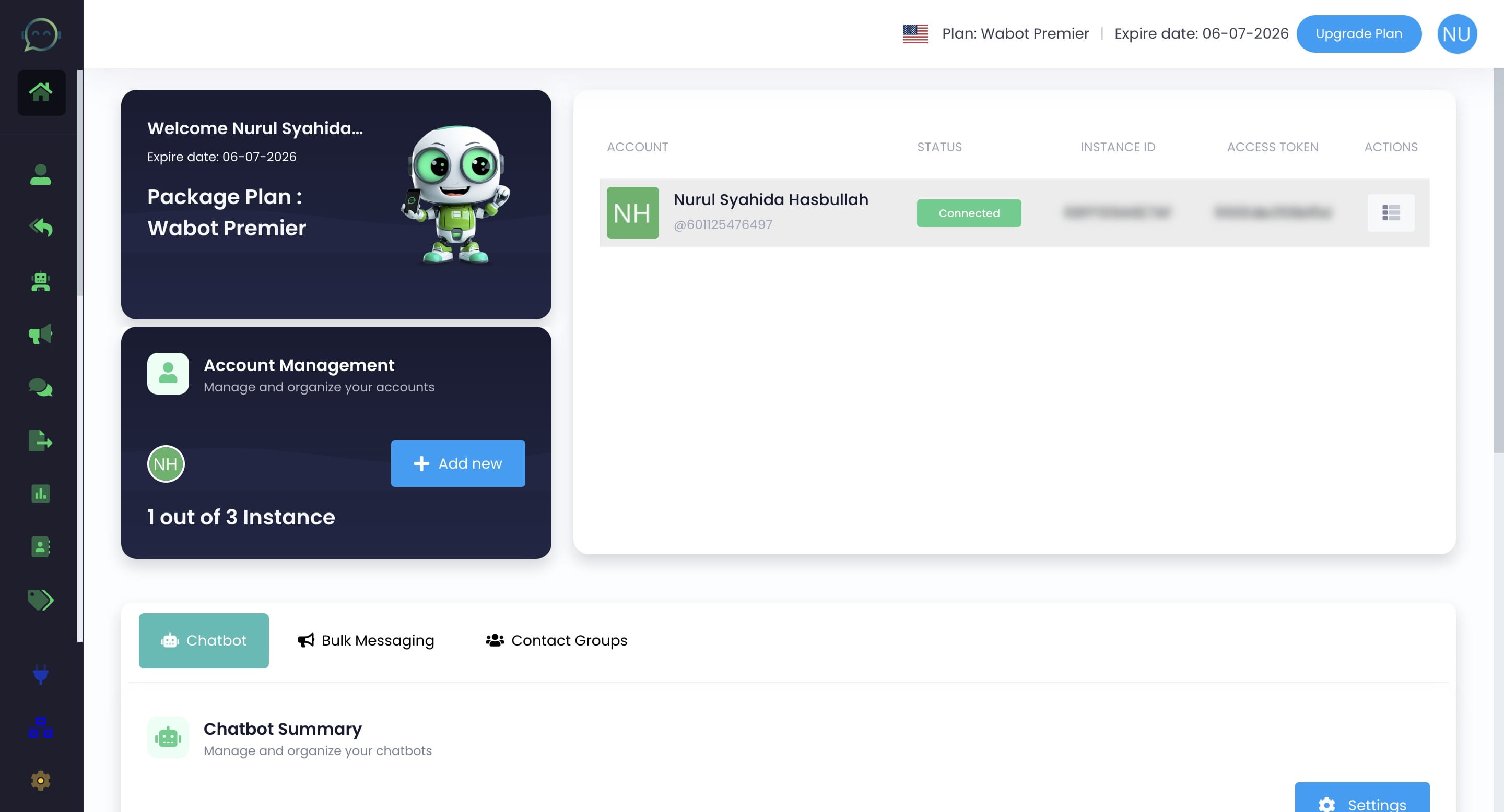 The dashboard will show “Connected.” You can proceed to configure the other features as needed