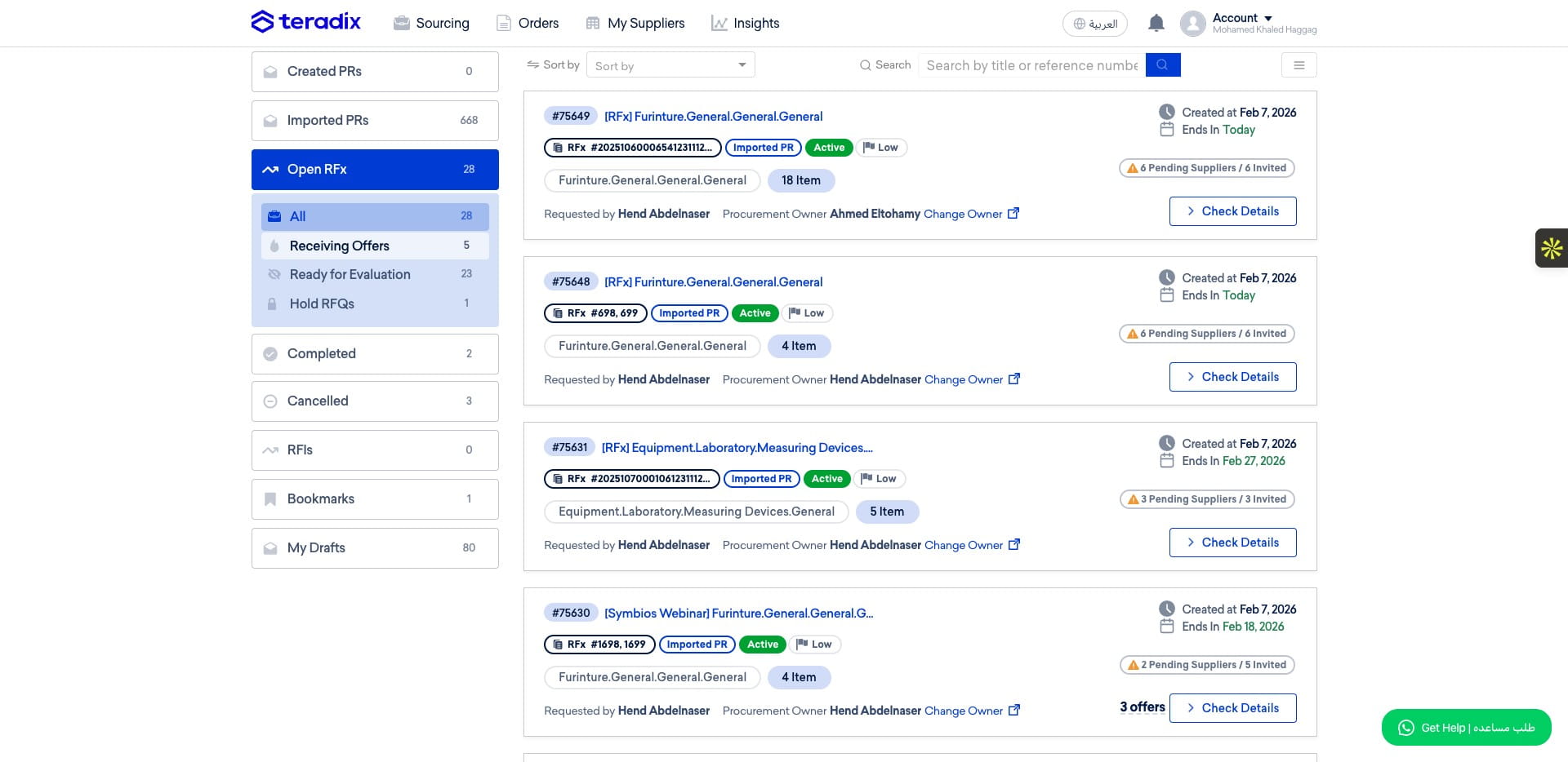 Inside the *Open RFx*, you will see the RFx published and still receiving offers.