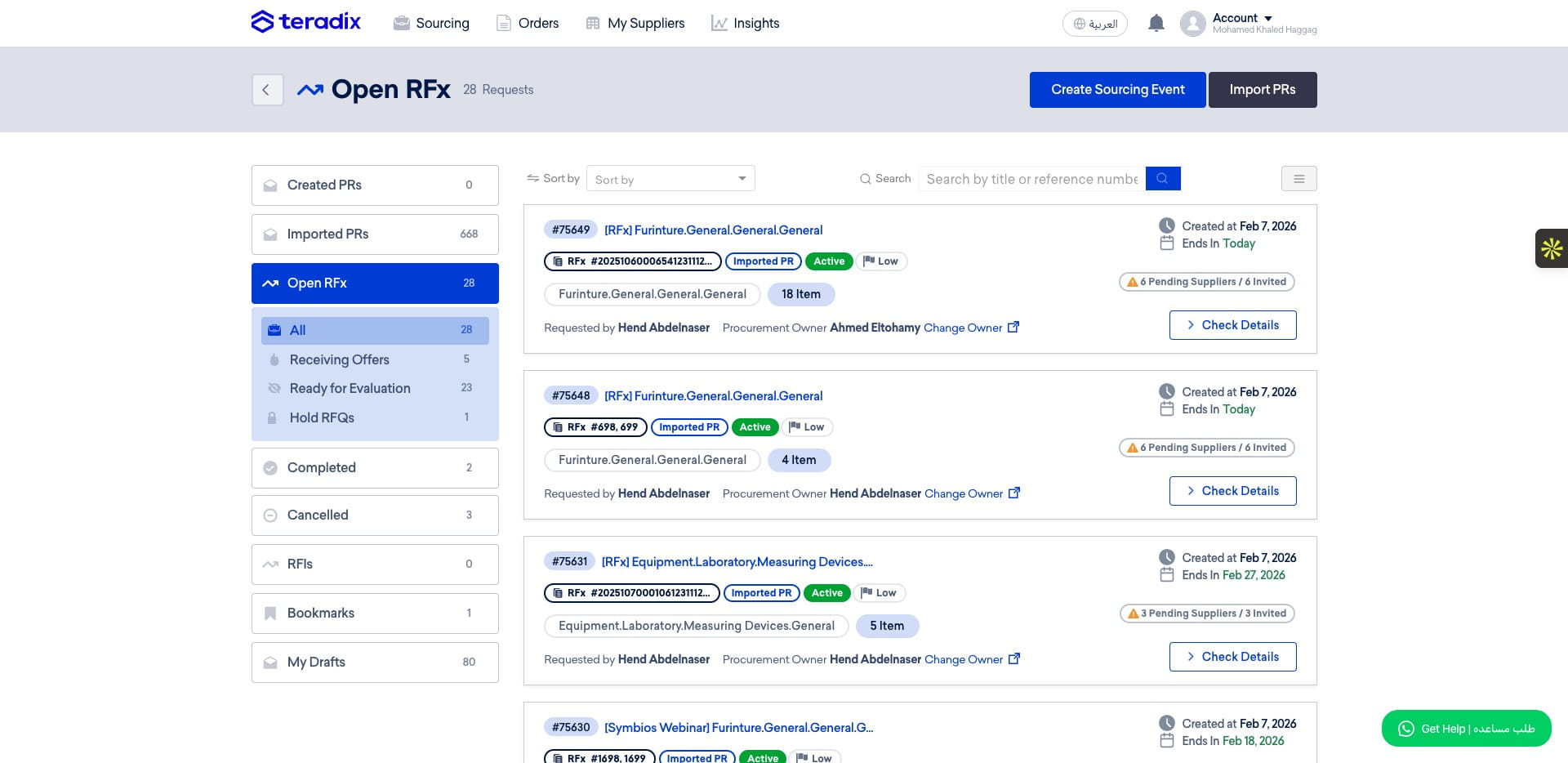 Here where all PRs, RFQs, RFIs, RFPs in all different status are stored and listed, in the left side pane there are multiple tabs for different RFx statuses. 