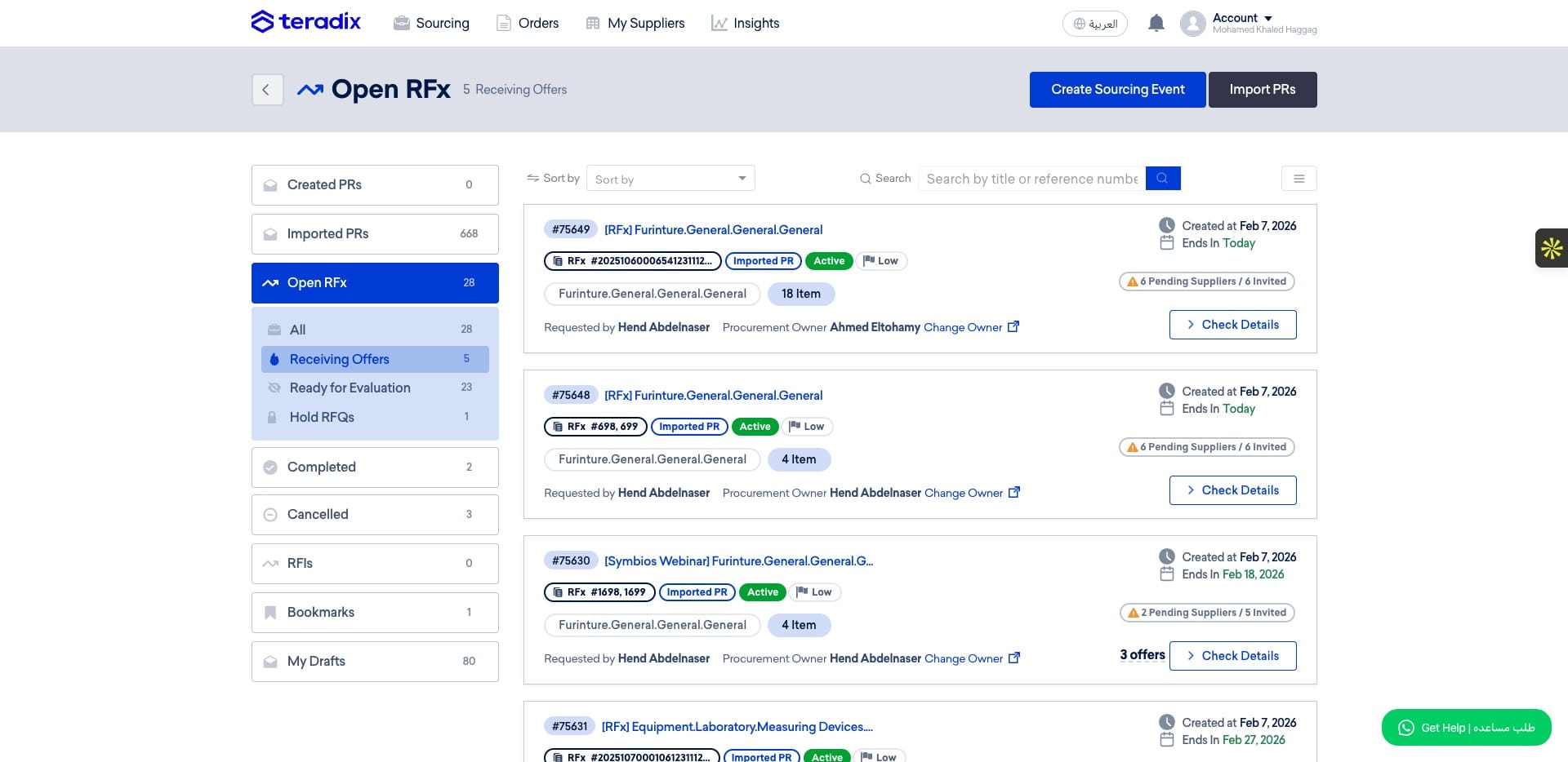 Inside the *Open RFx*, you will see also the RFx which their deadline came and they ready for technical evaluation in *ready for Evaluation*, and if you had any RFQs on hold you will find them in *Hold RFQs*