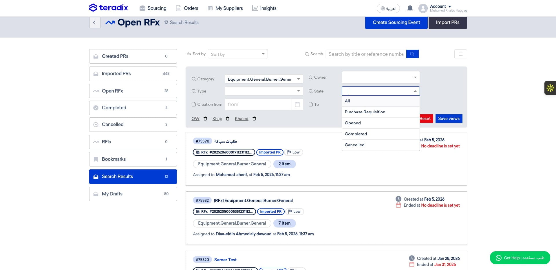 You can filter RFx which on a specific state or specific creation date.