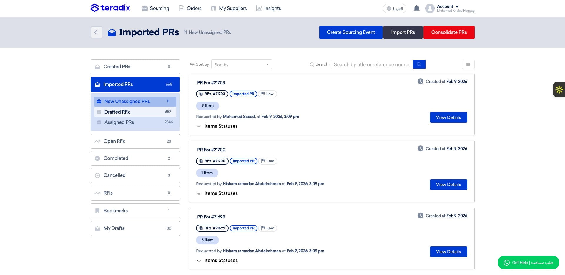 Inside the Imported PRs tab, you will find *Unassigned PRs*, or the Drafted RFx created by *Consolidation Engine*.