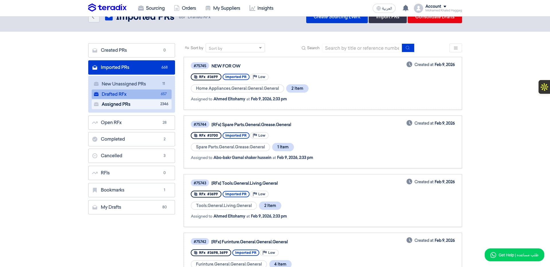 Inside the Imported PRs tab, you will find also the*Assigned PR's* to you as a Buyer, this view will allow you to see the status of each PR Item (Assigned, Drafted inside RFQ or not, Published or not, part of PO or not and Delivered or not)