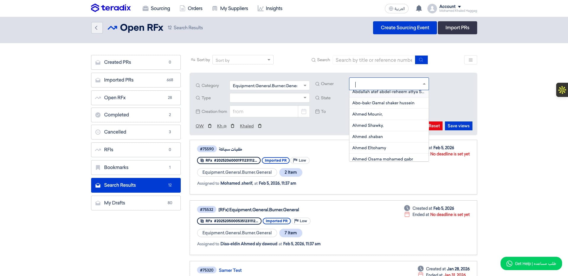 You can filter RFx by who created it.