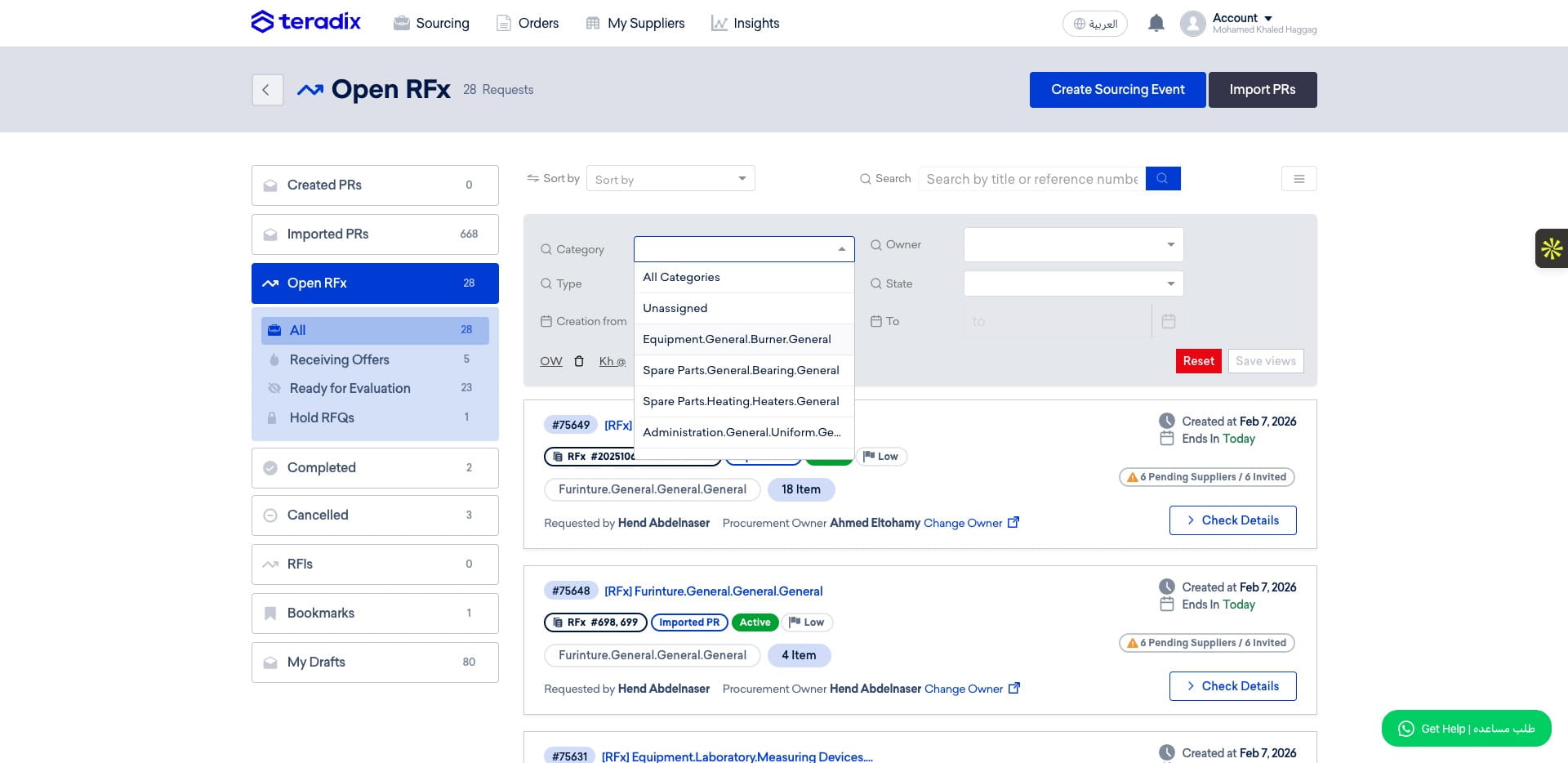 You can filter RFx per Category.