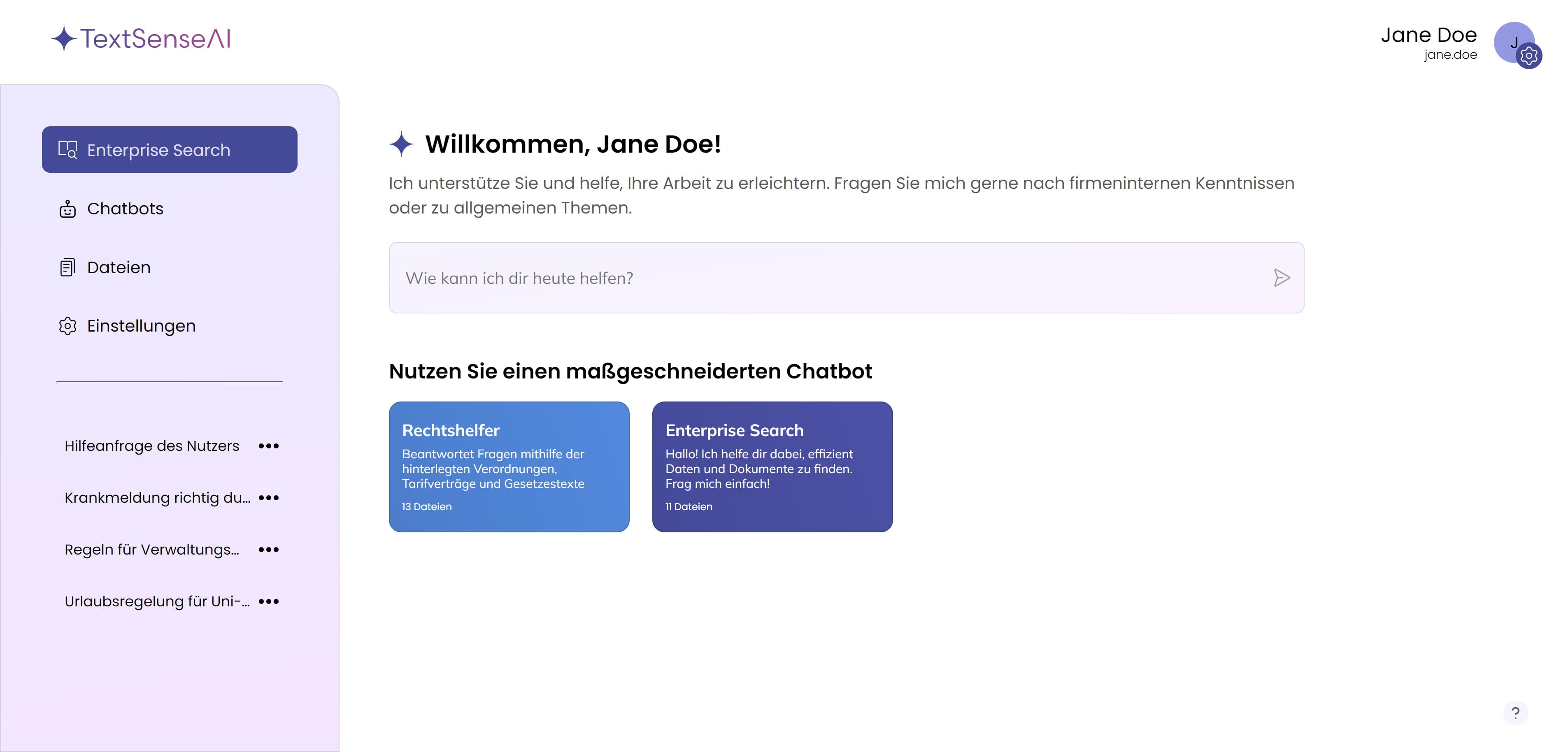 Sie sind nun eingeloggt und können Ihre Fragen stellen oder eigene Chatbots erstellen.