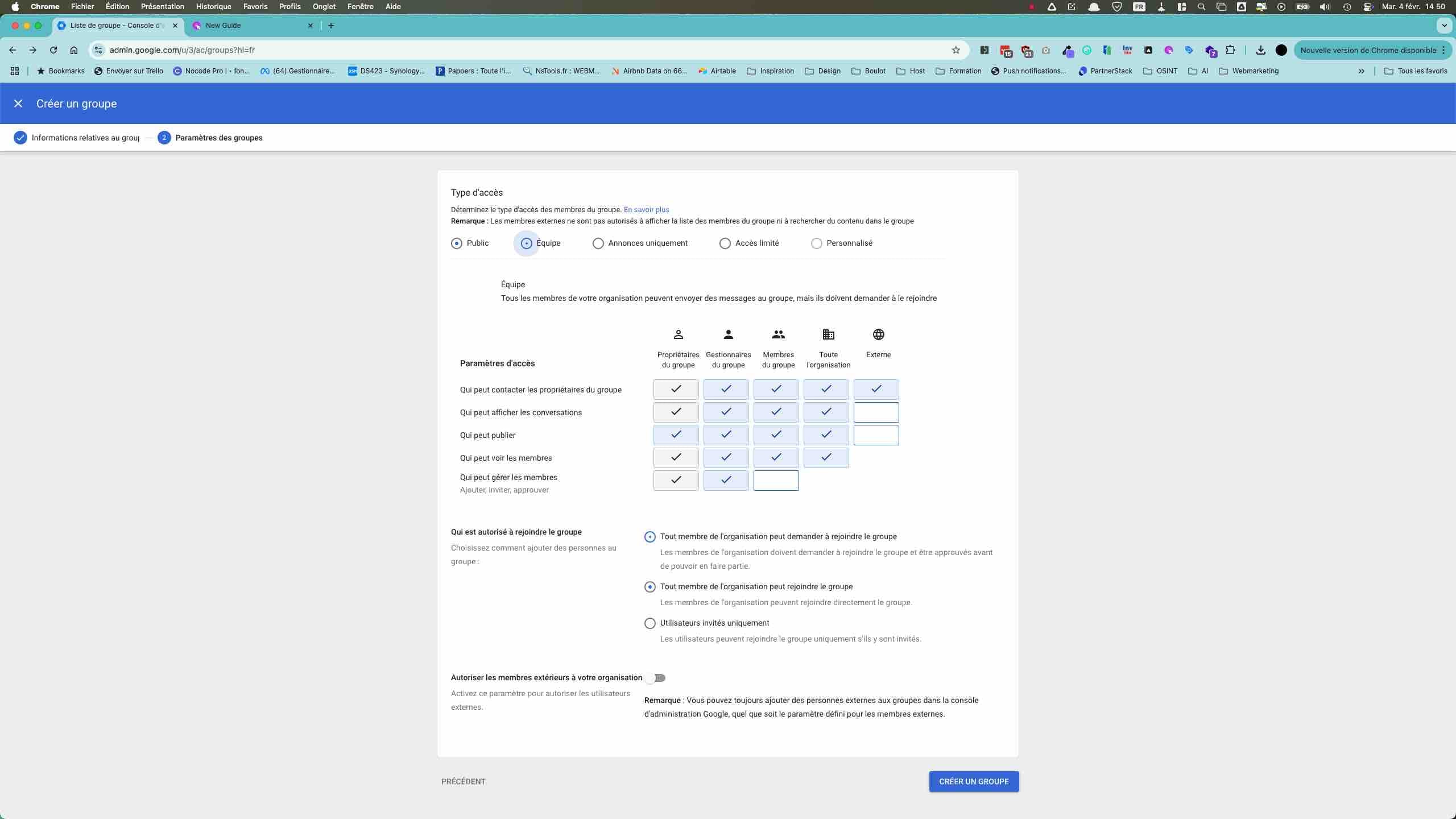 Définir l'accès sur **équipe** pour éviter que d'autres personnes extérieures à l'organisation ne puissent rejoindre ce groupe ou n'envoient des e-mails sur l'Alias du groupe.