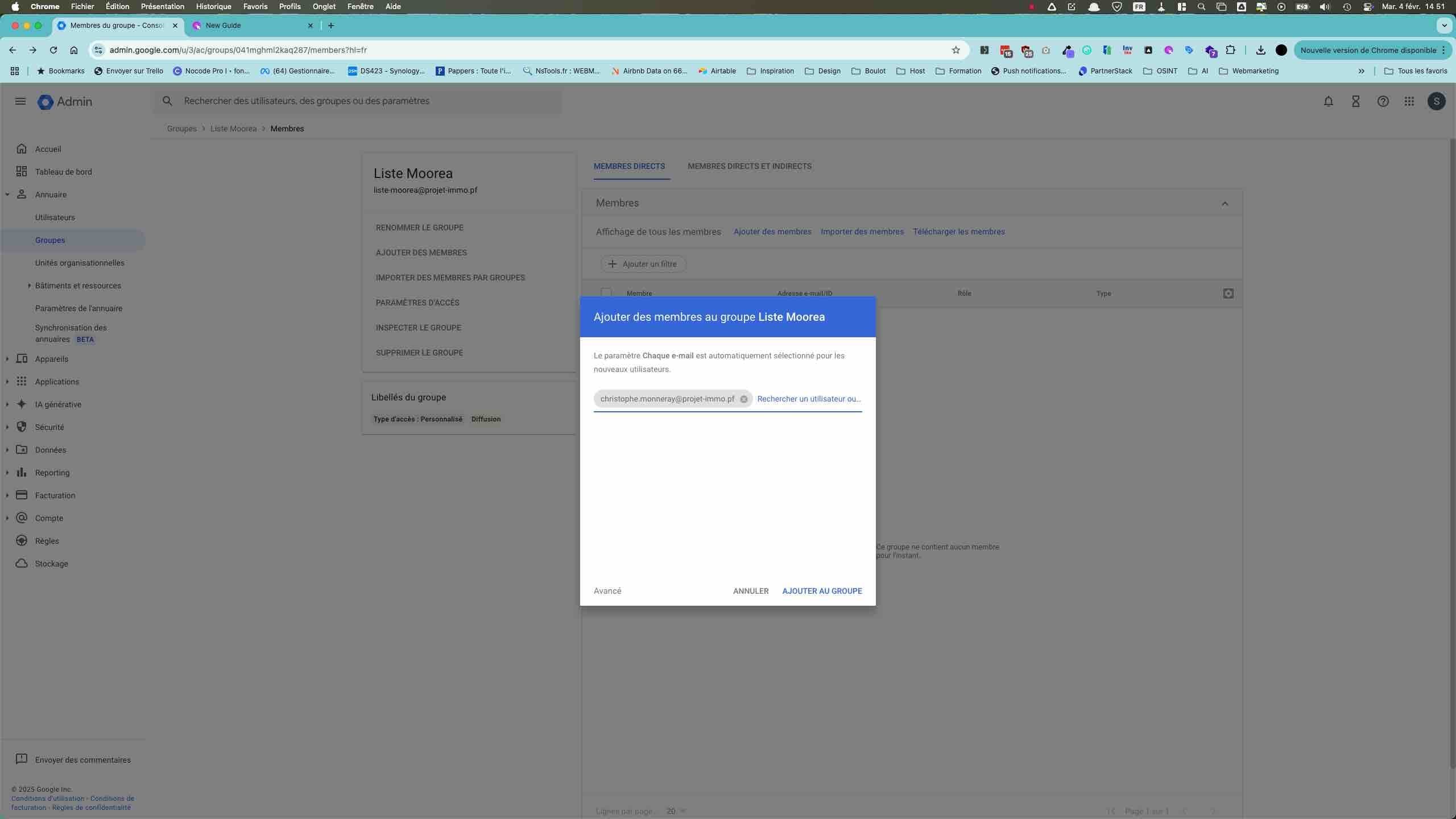 Insérez les emails des membres que l'on souhaite ajouter au groupe.