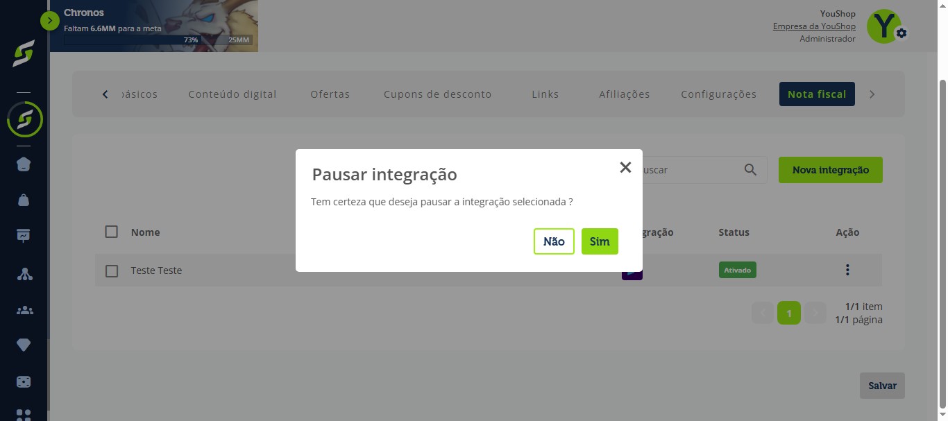Confirme clicando em "Sim".