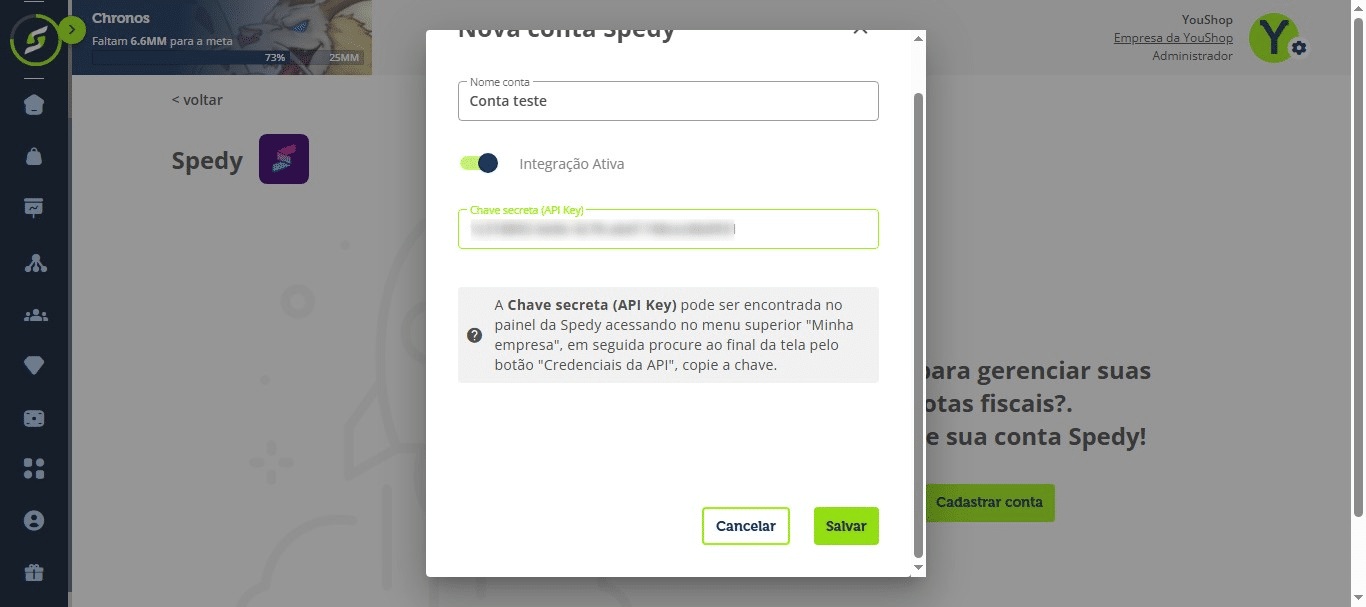 Volte para a Youshop, preencha os campos com as informações necessárias e clique em "Salvar".
